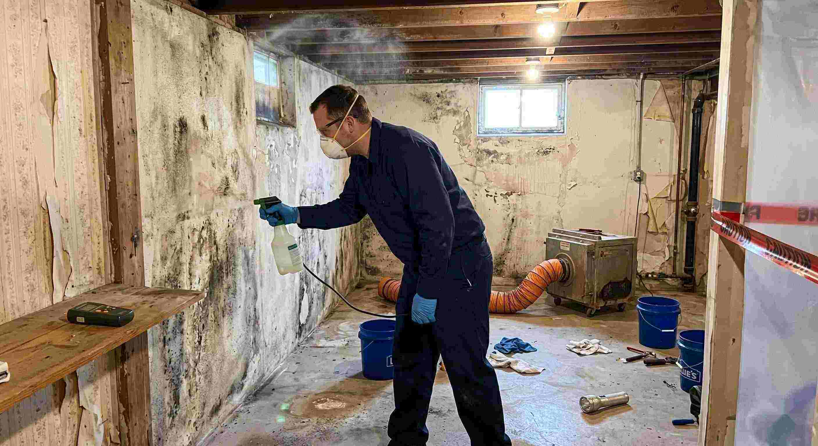 Professional technician performing antimicrobial mold treatment in a damp basement during mold remediation in a home in Columbia.