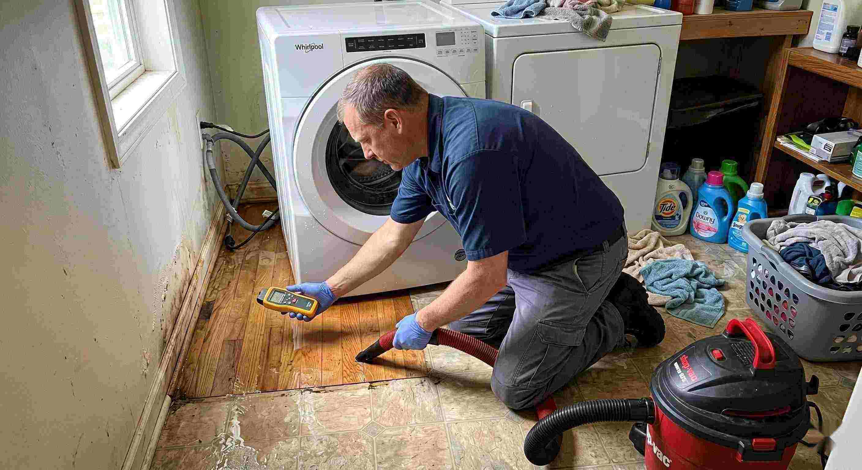 Appliance leak cleanup in a home laundry area with water pooling around the washing machine, showing technicians removing water and inspecting damp floors in Baltimore.
