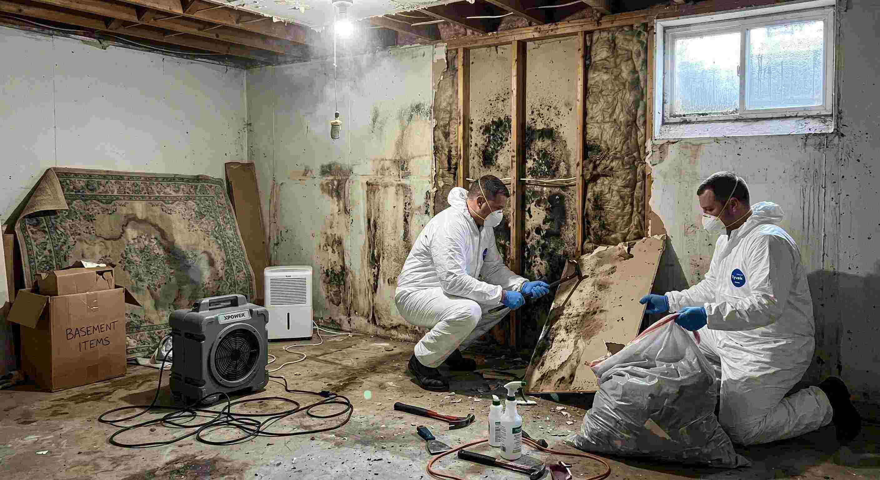 Fast realistic basement mold removal in a home in Columbia, showing technicians safely removing black mold and using dehumidifiers and HEPA air scrubbers.