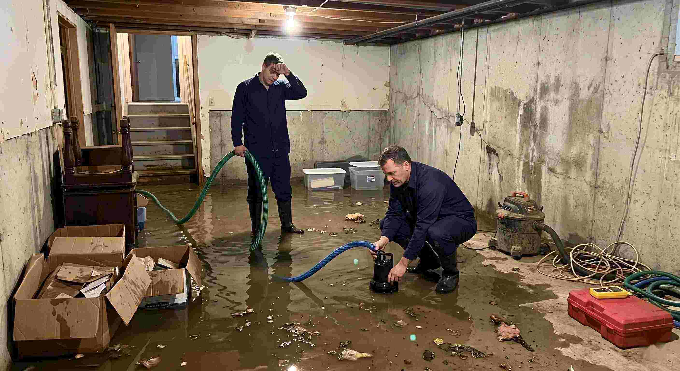 basement water removal service in Baltimore with technicians pumping out flooded basement