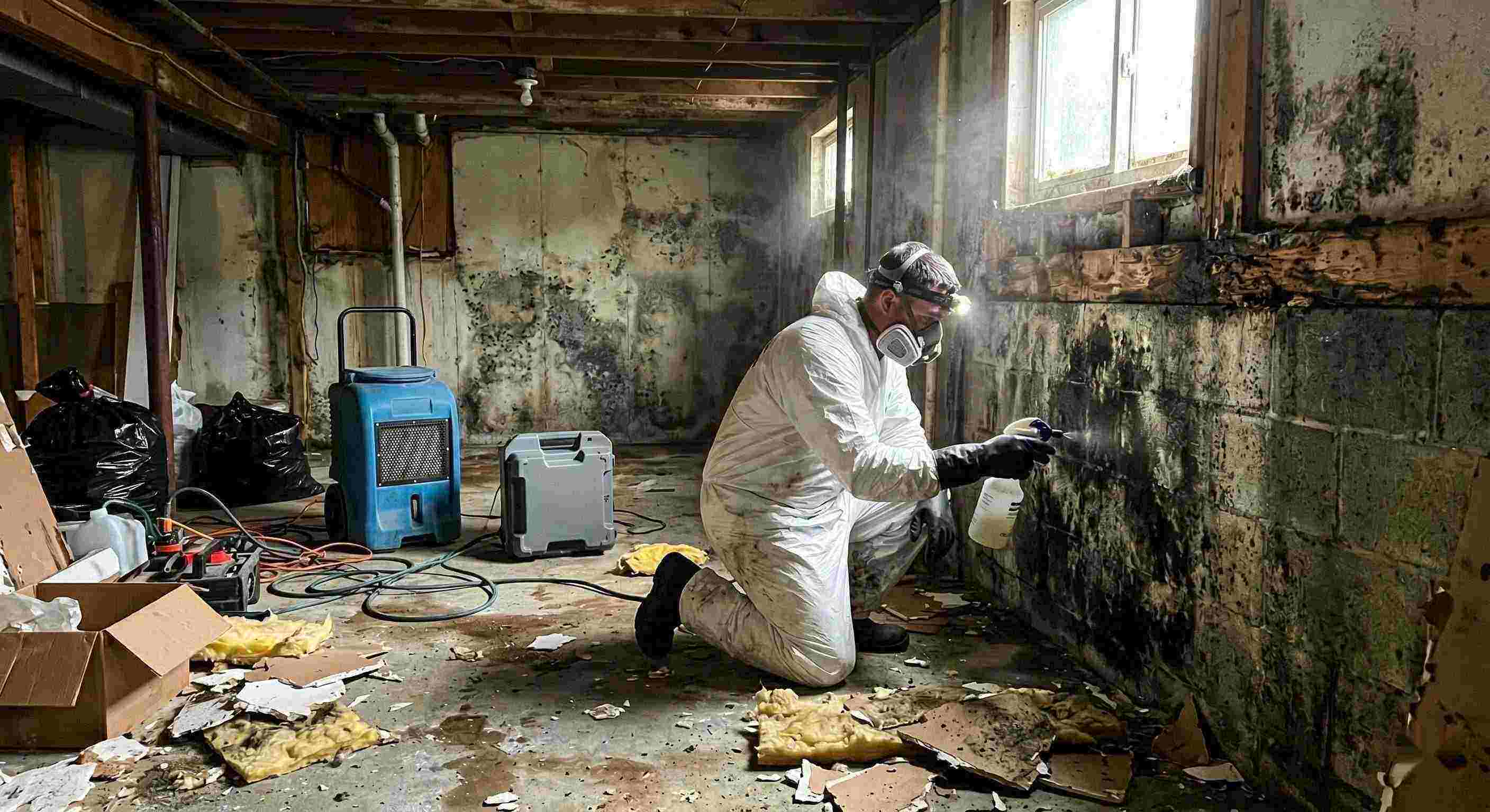Expert technician performing black mold cleanup in a damp residential basement in Columbia, showing removed drywall, mold patches, and remediation equipment.