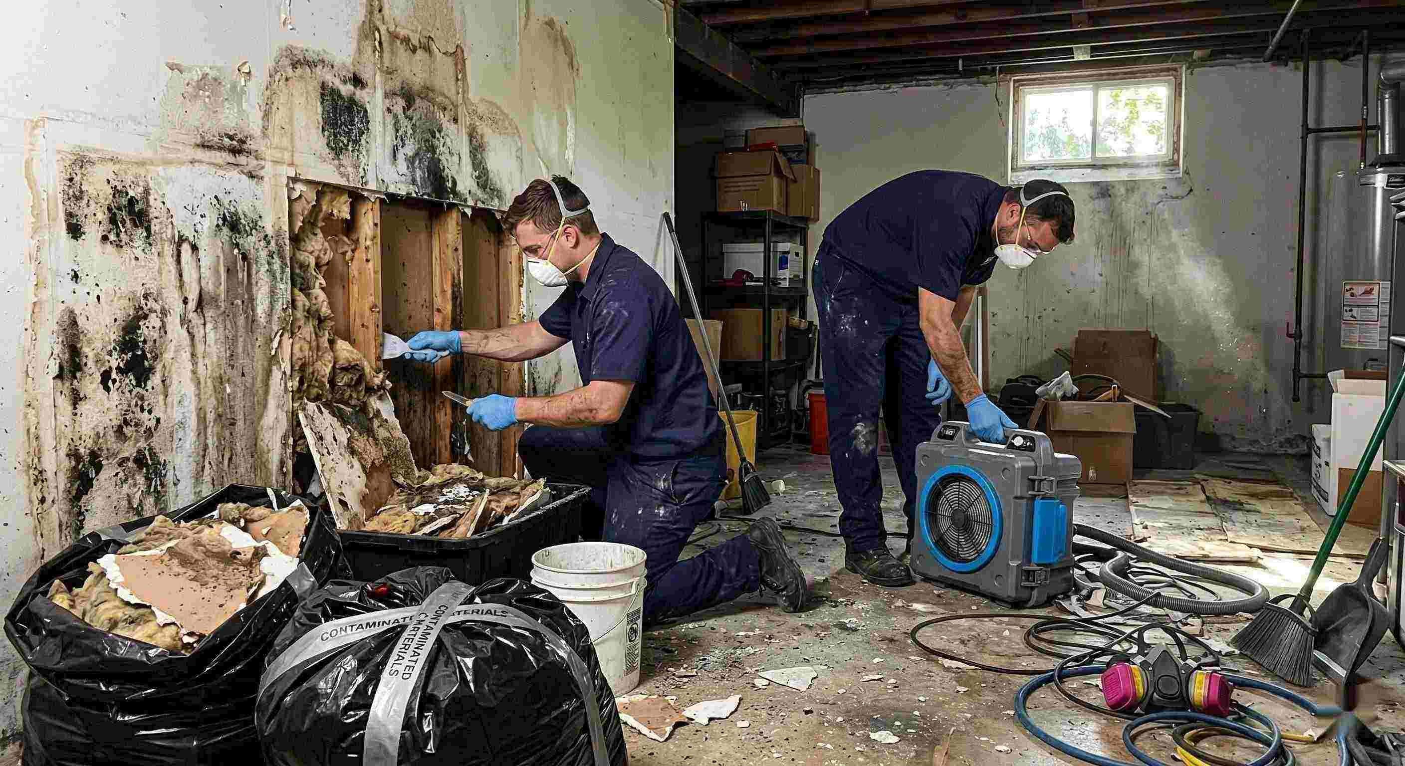 Fast technicians performing black mold cleanup in a damp residential basement in Columbia, carefully removing contaminated drywall and insulation.
