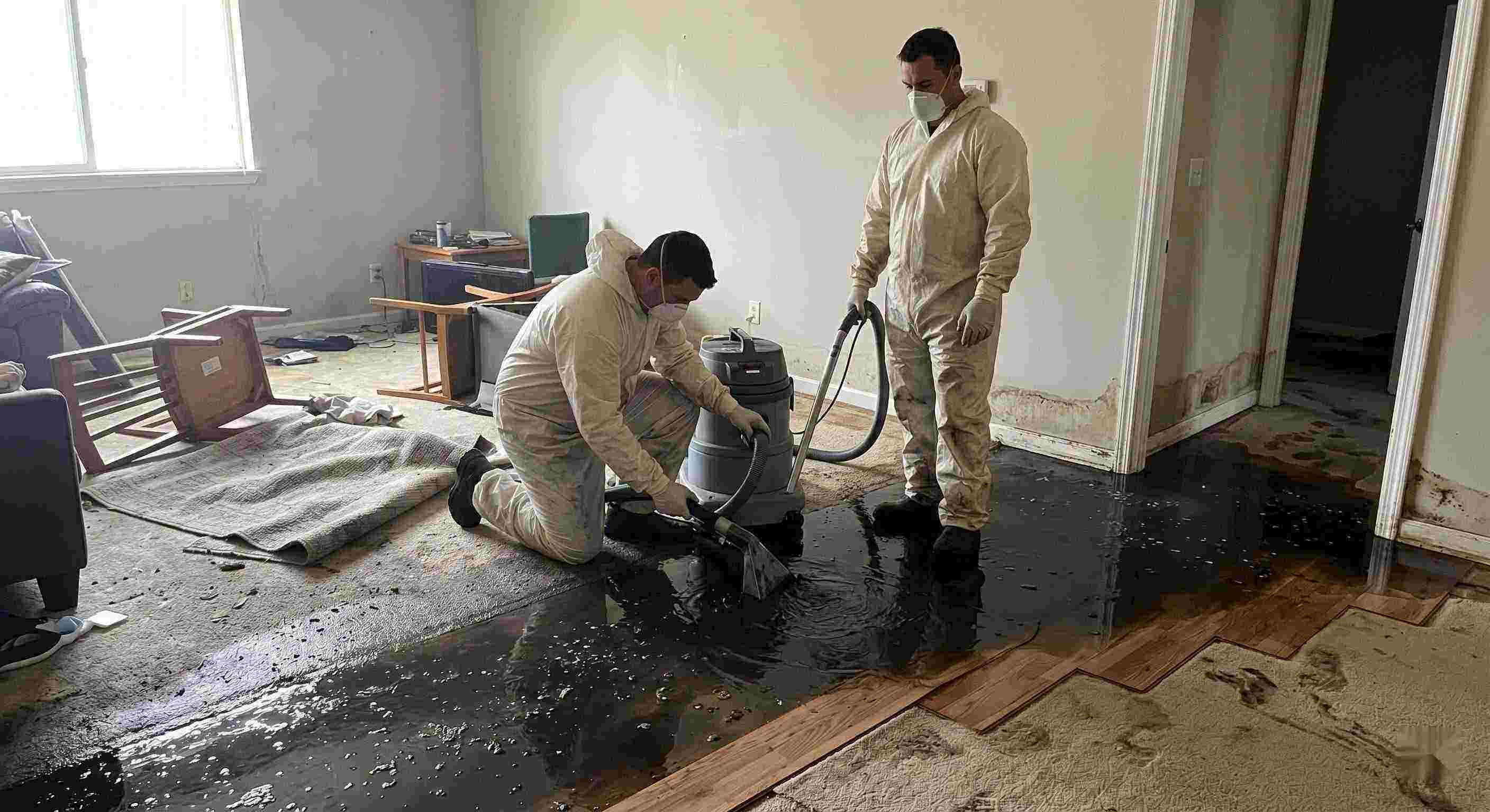 Black water removal service in Baltimore showing technicians extracting contaminated sewage water from flooded home interior