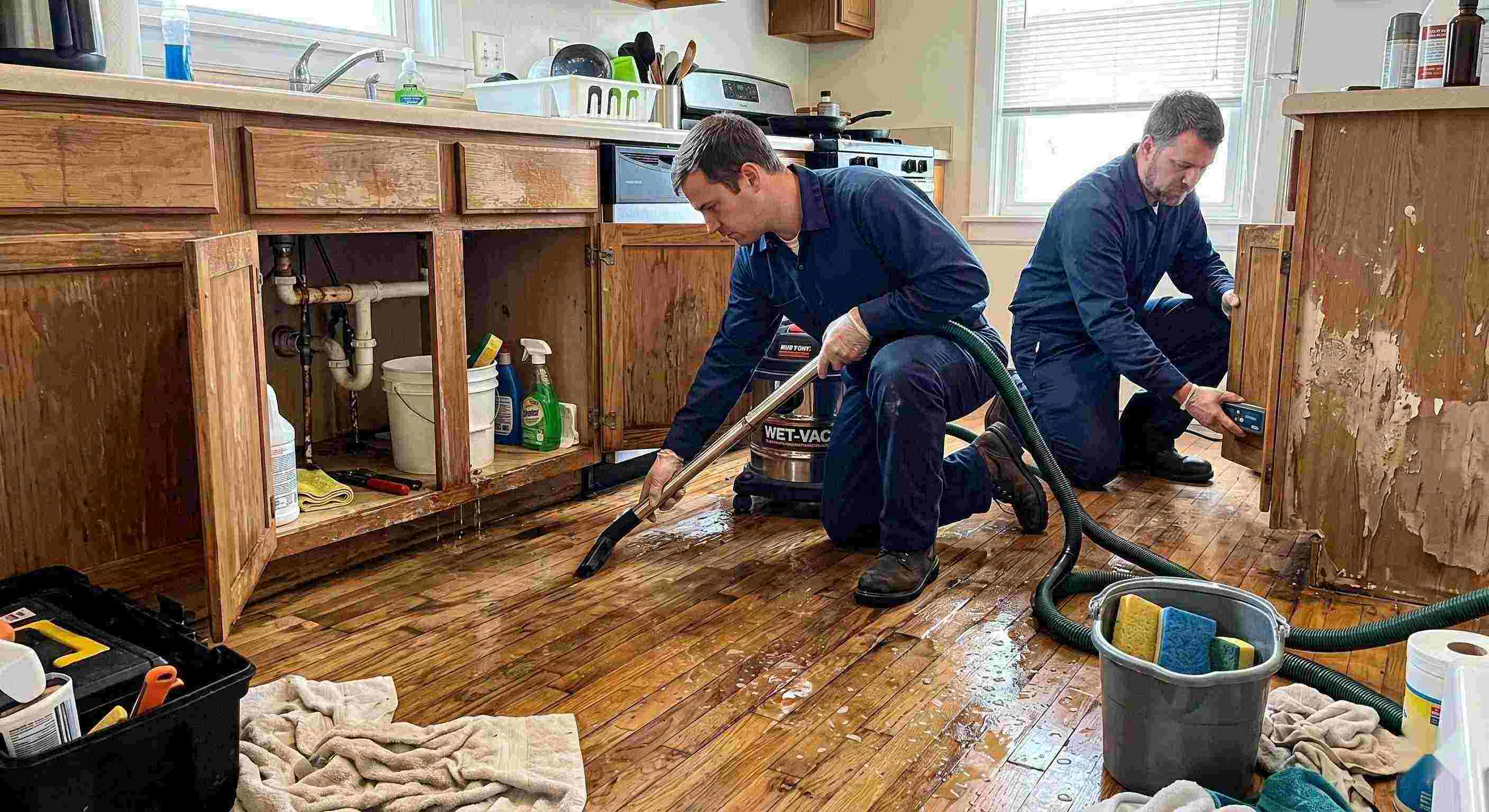 Realistic photo of technicians performing burst pipe water damage cleanup in a home in Baltimore, removing standing water and inspecting wet floors and walls.