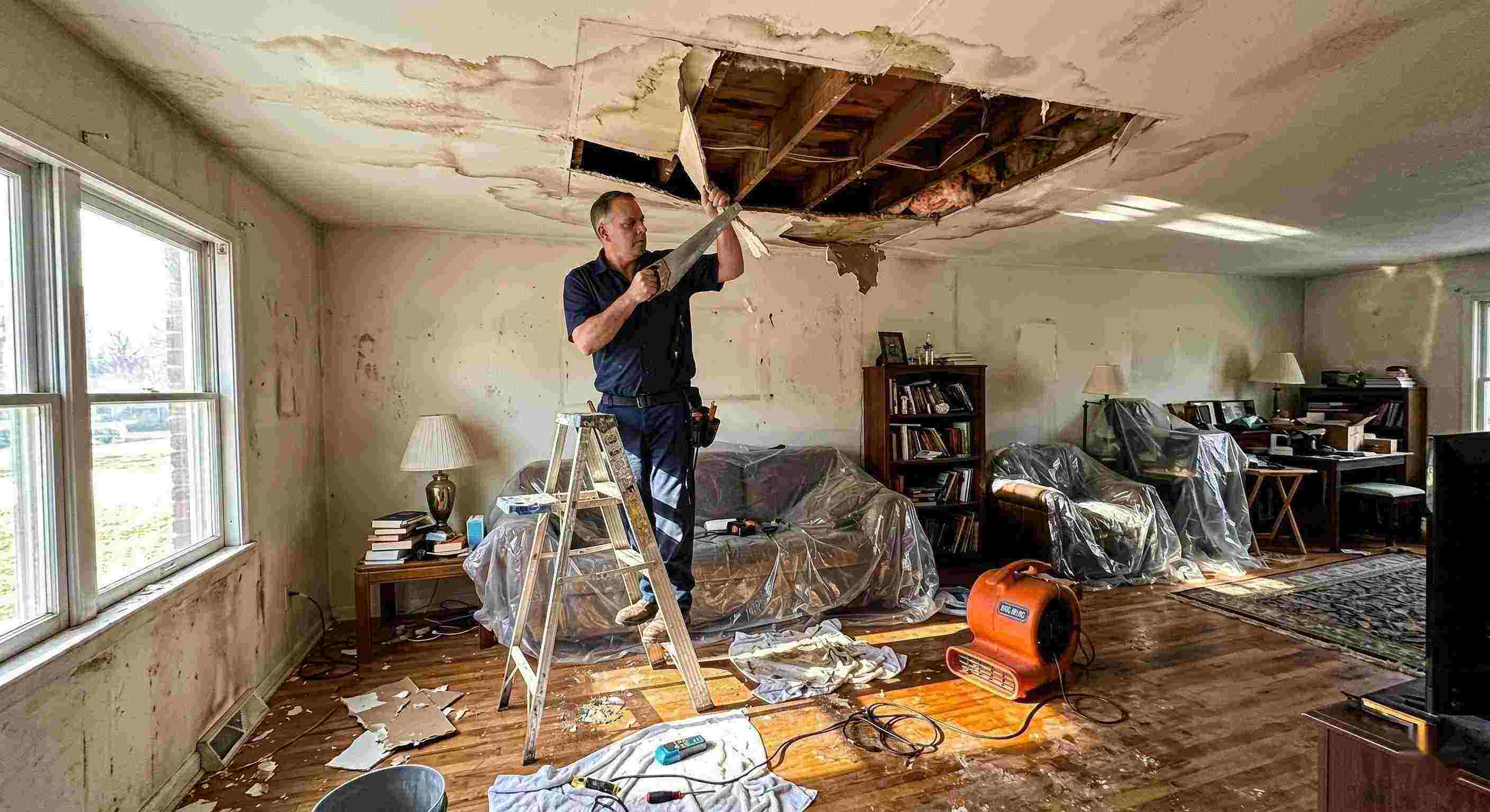 Realistic indoor scene of technicians performing ceiling leak repair in a home in Baltimore, showing water-damaged ceiling, tools, and drying equipment.