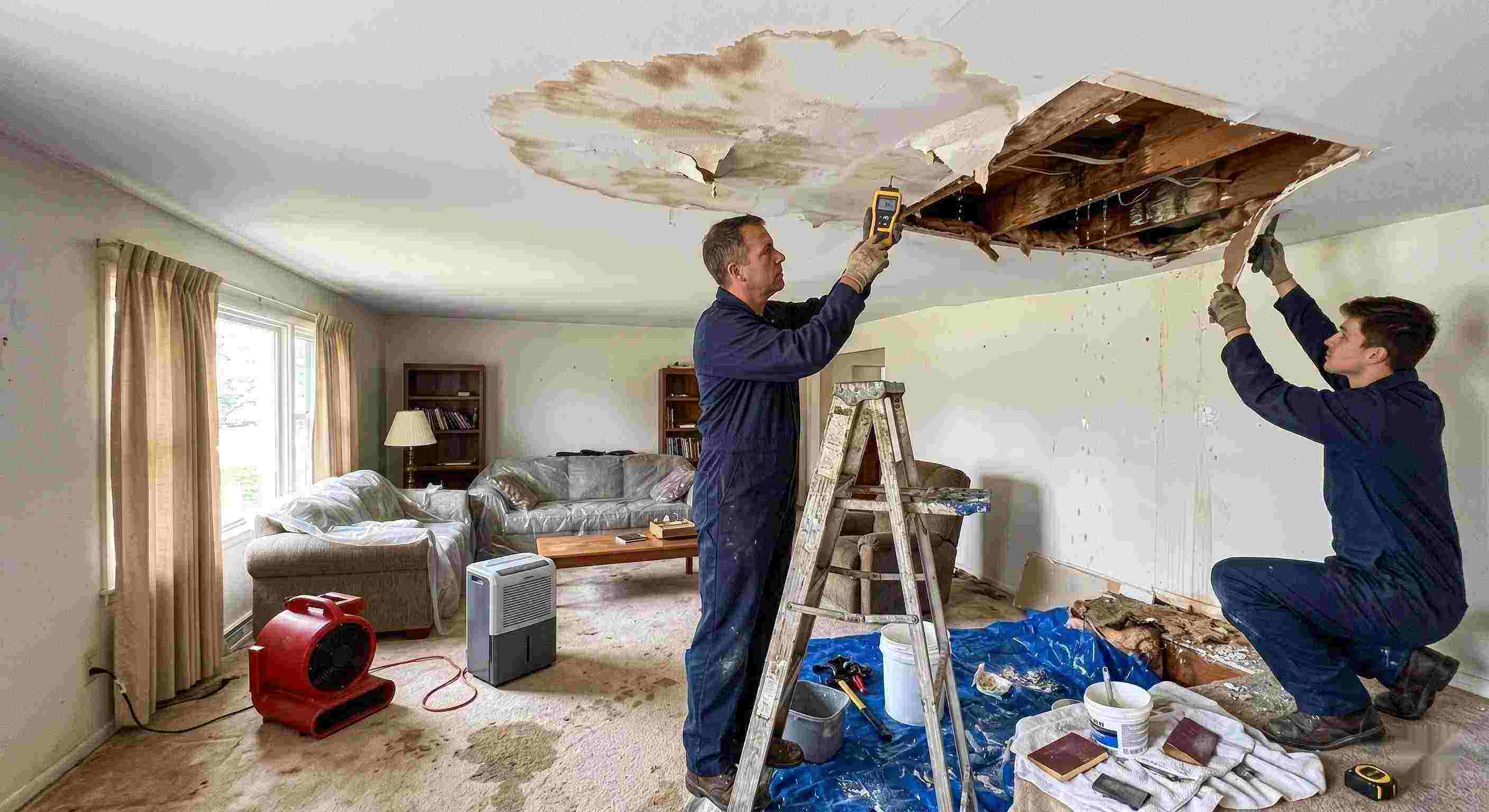 Realistic residential ceiling leak repair scene with technicians using moisture meters and air movers to fix water damage in a home in Baltimore.