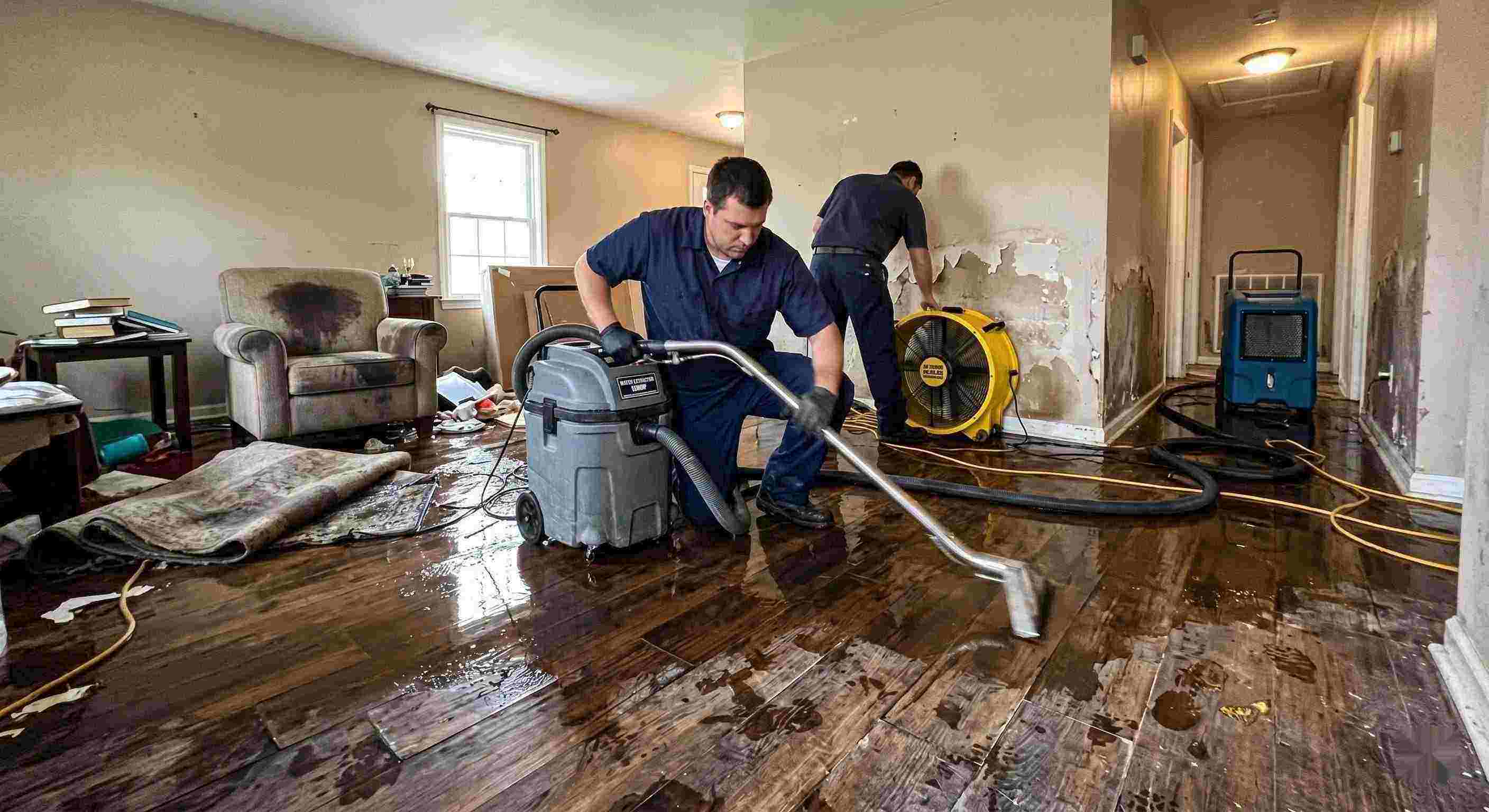 Trusted emergency water damage restoration technicians removing water from flooded home in Dundalk