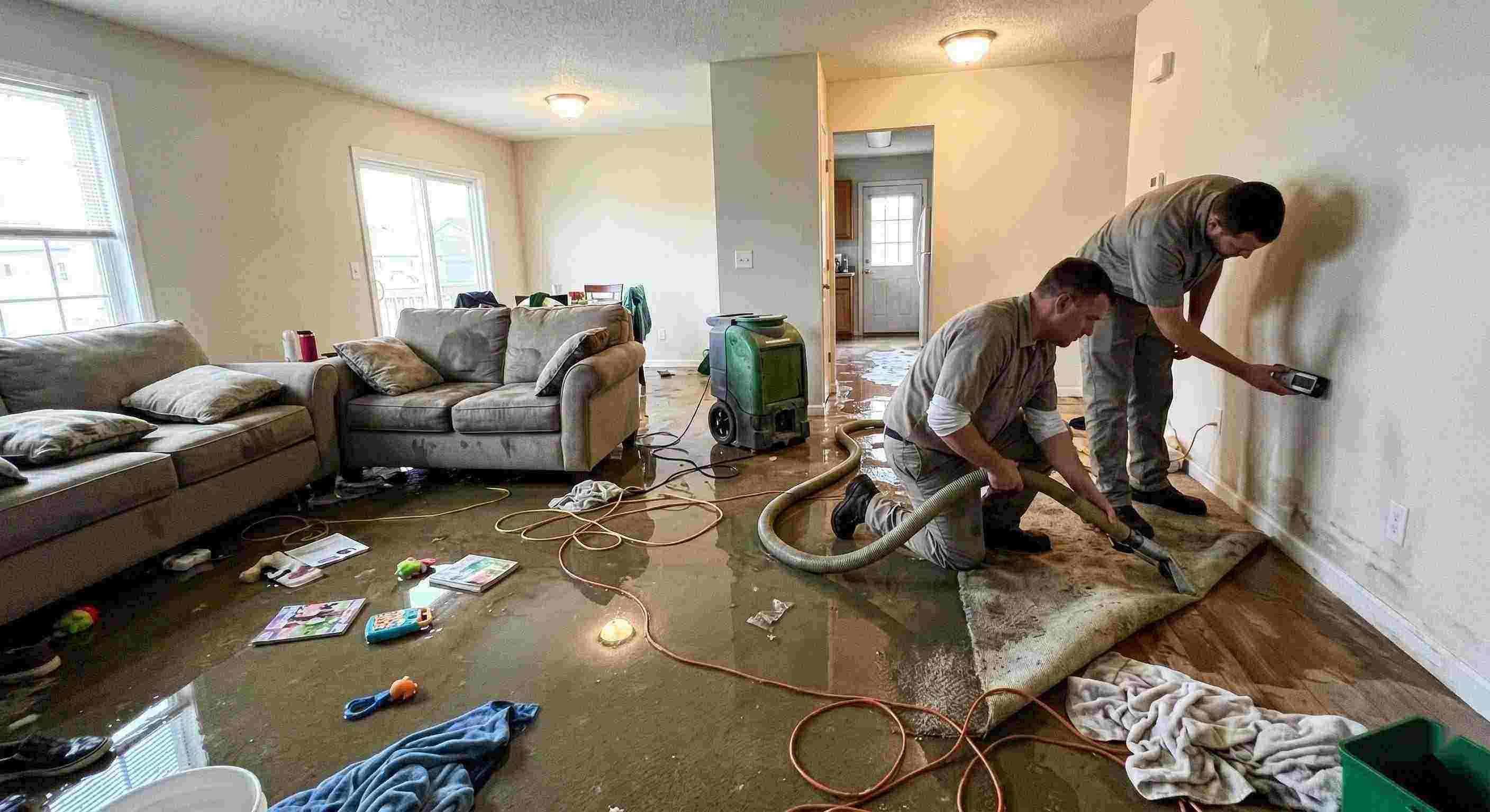 Emergency water removal technicians extracting water from flooded living room in Baltimore