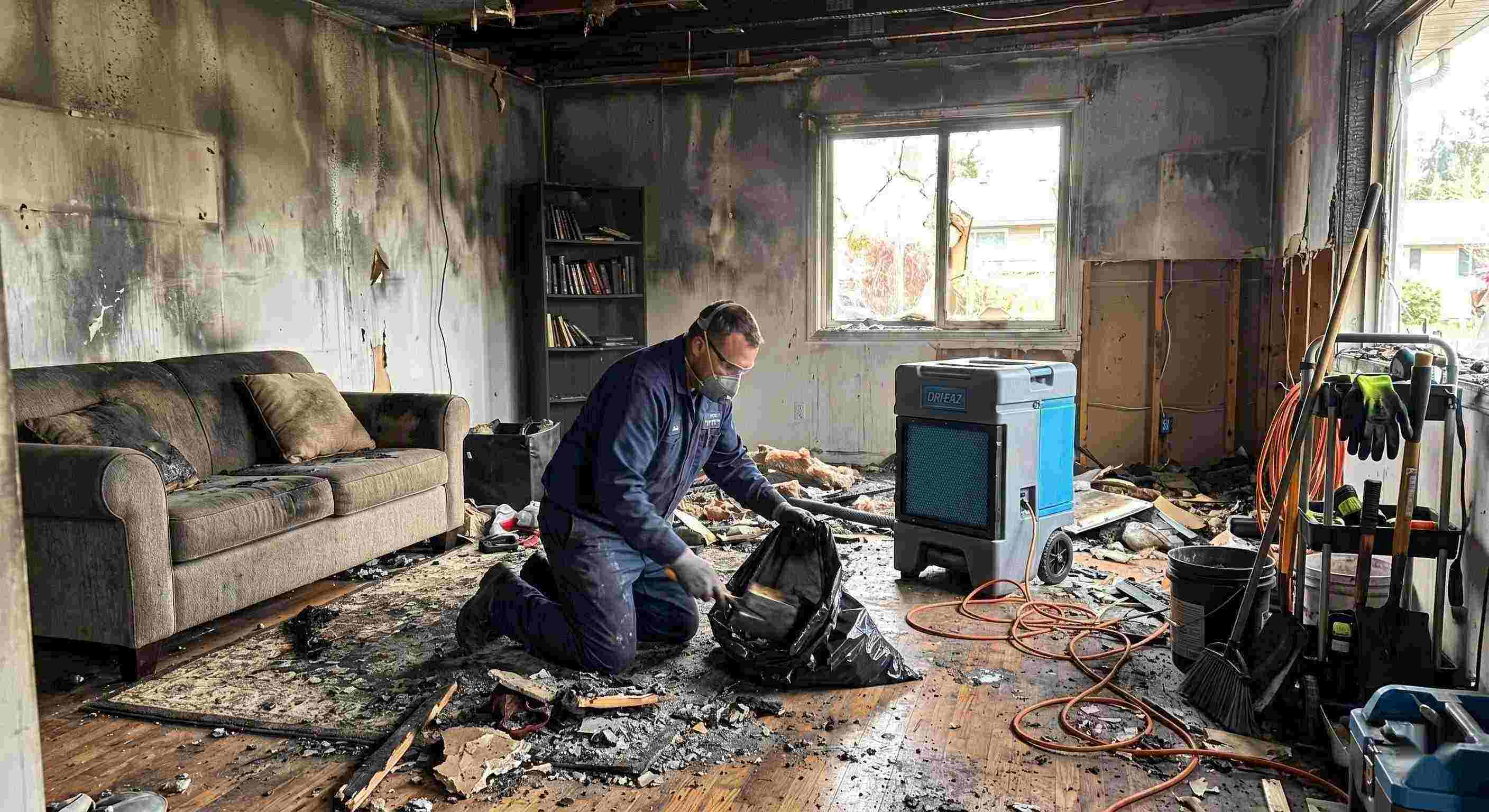 Fire damage cleanup scene with technician removing debris from a home affected by fire in Baltimore
