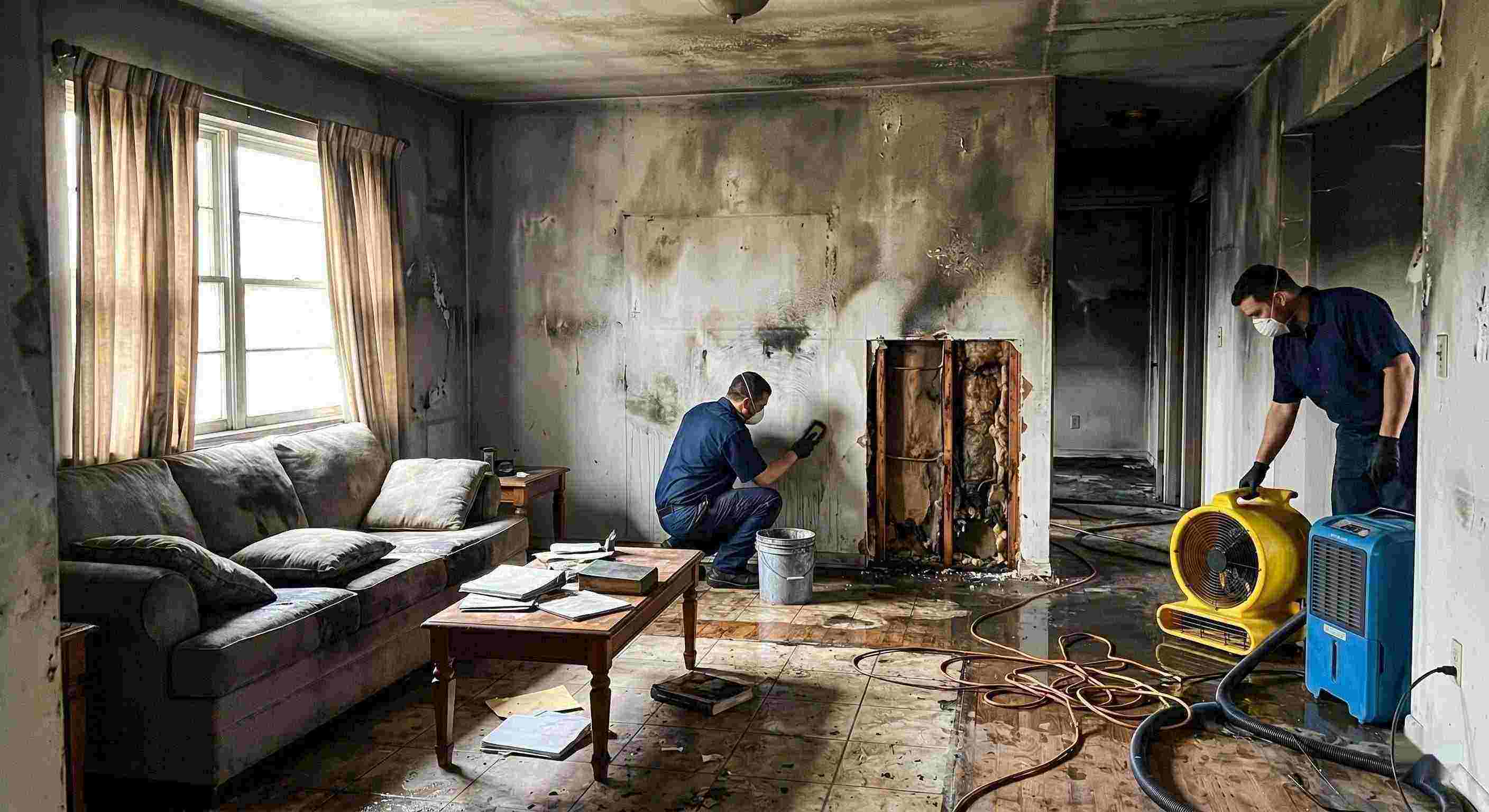Professional fire damage restoration cleanup with technicians removing soot and drying water damage in home Dundalk