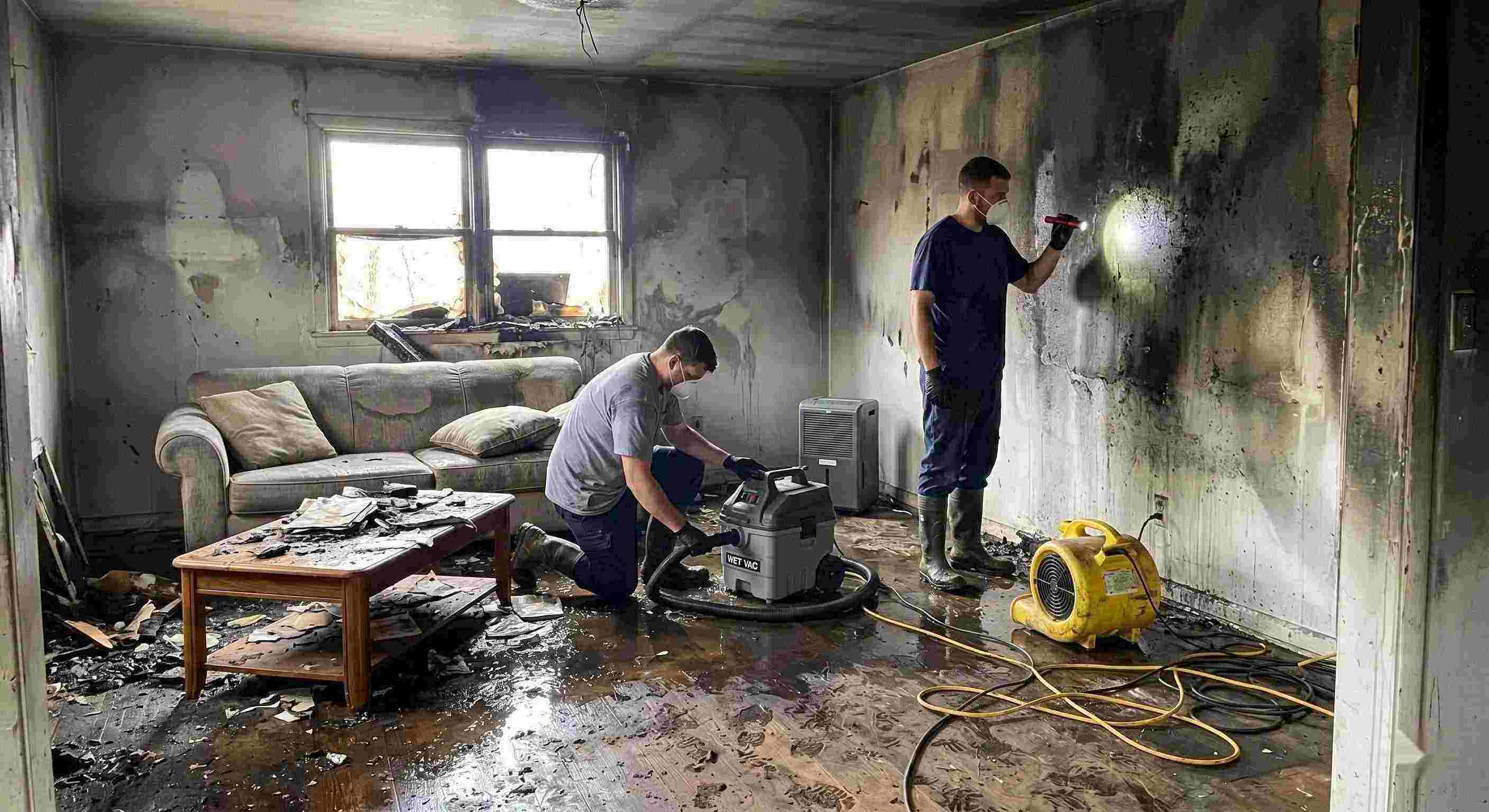 Expert fire damage restoration cleanup with water removal and smoke damage repair in Dundalk home
