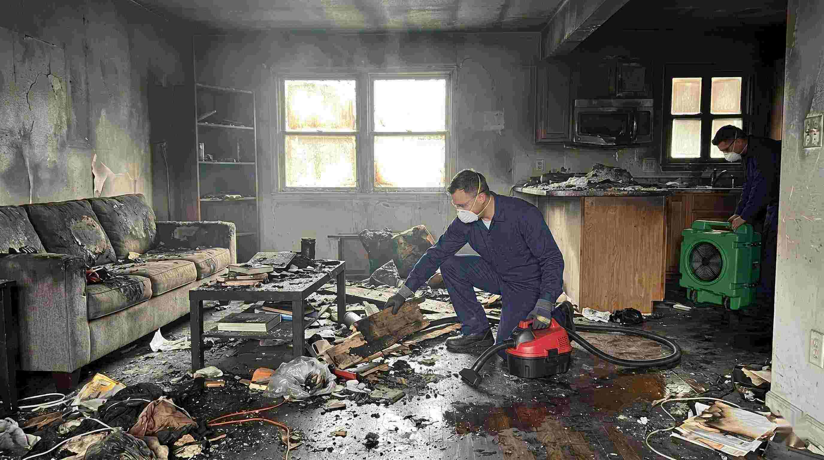 Realistic image showing extensive fire damage in a home with soot, debris, and smoke residue, captured during fire damage restoration in Baltimore.