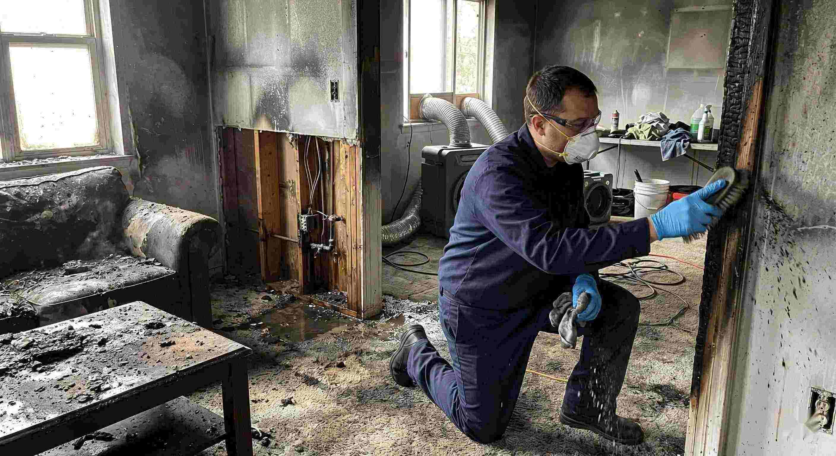 Action shot of a fire damage restoration technician cleaning soot and debris in a home damaged by fire in Baltimore