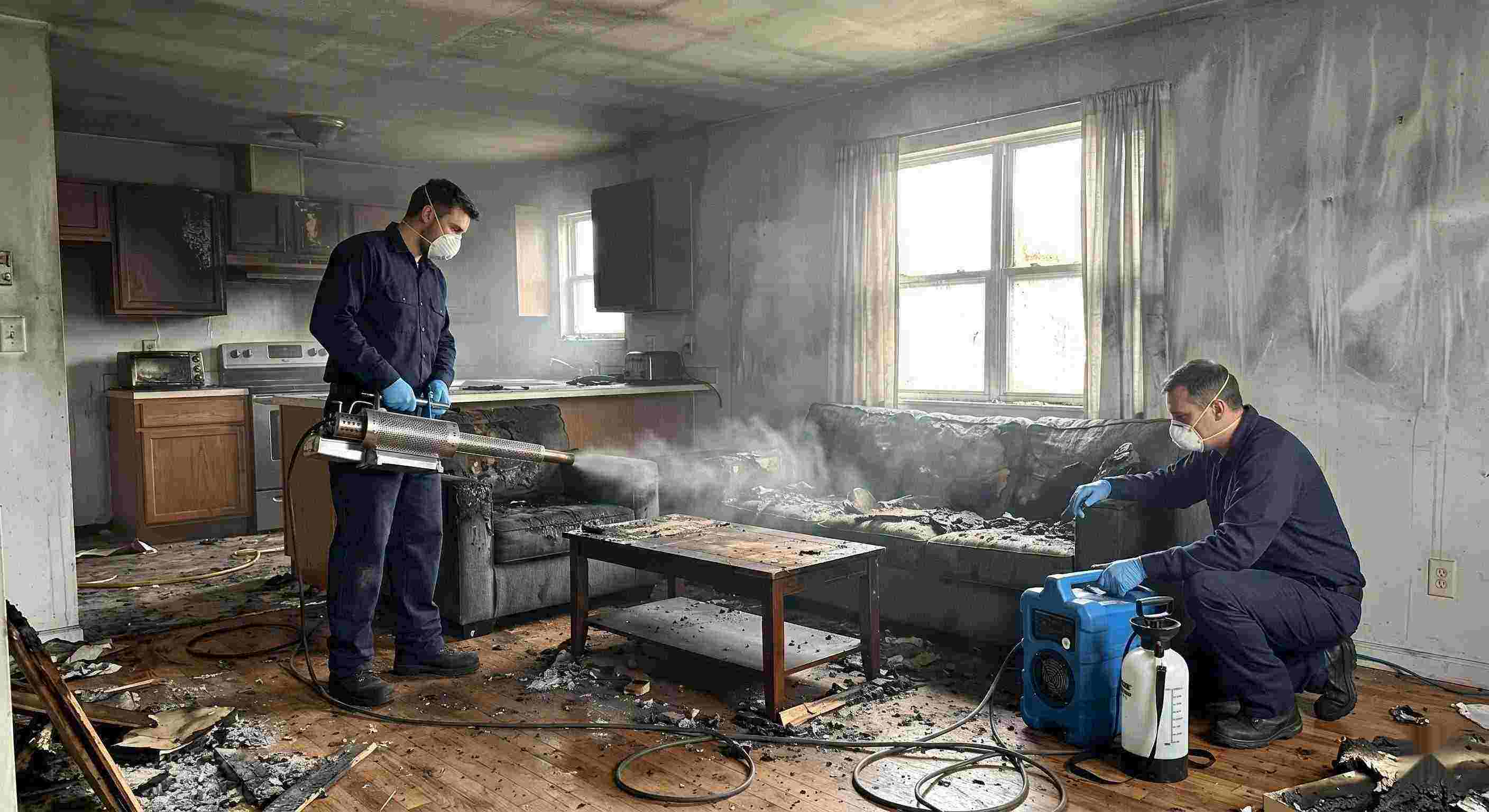 Fire odor removal service in a home showing technicians using thermal fogging equipment to eliminate smoke and soot odors in Baltimore.