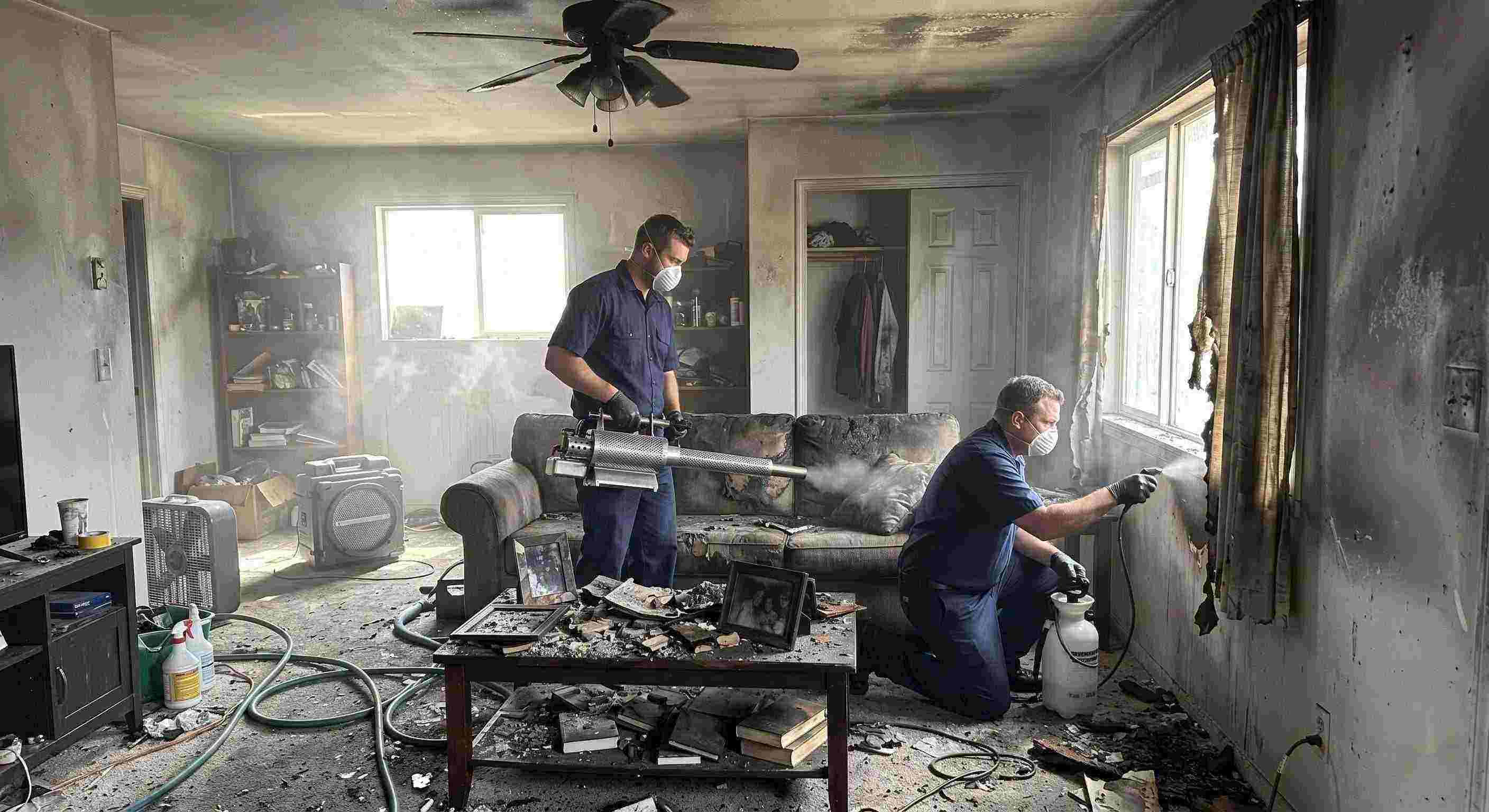 Fire damage restoration technicians removing smoke odors from a soot-stained home in Baltimore, using thermal fogging and odor neutralization.