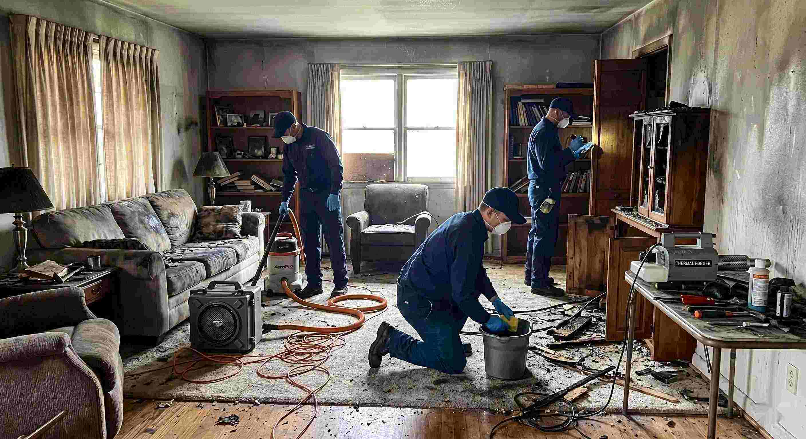 Photo of a fire restoration team using professional equipment to clean soot and smoke damage in a Baltimore home, emphasizing trust and hands-on expertise.