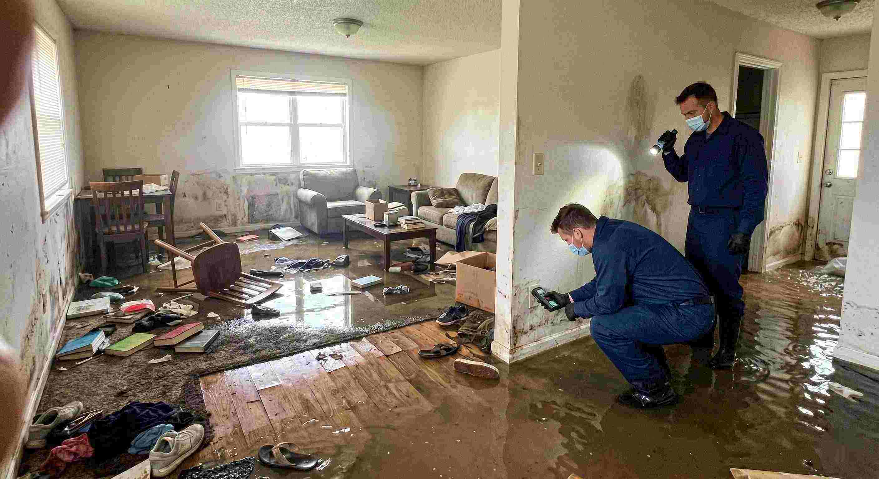 Severe home flooding with waterlogged floors, damaged furniture, and generic technician assessing the damage in Baltimore