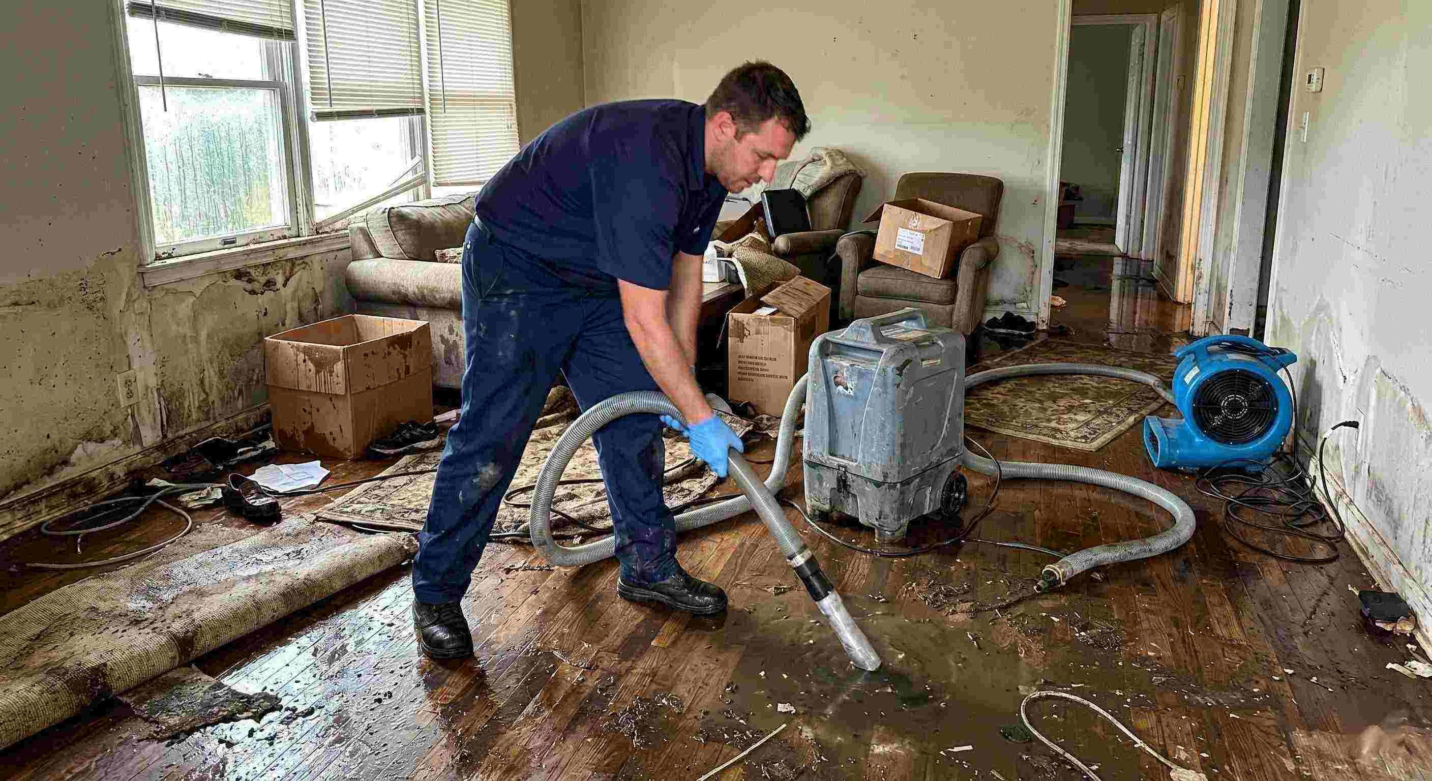Action shot of a flood damage restoration technician removing standing water in a flooded home during the restoration process in Baltimore.