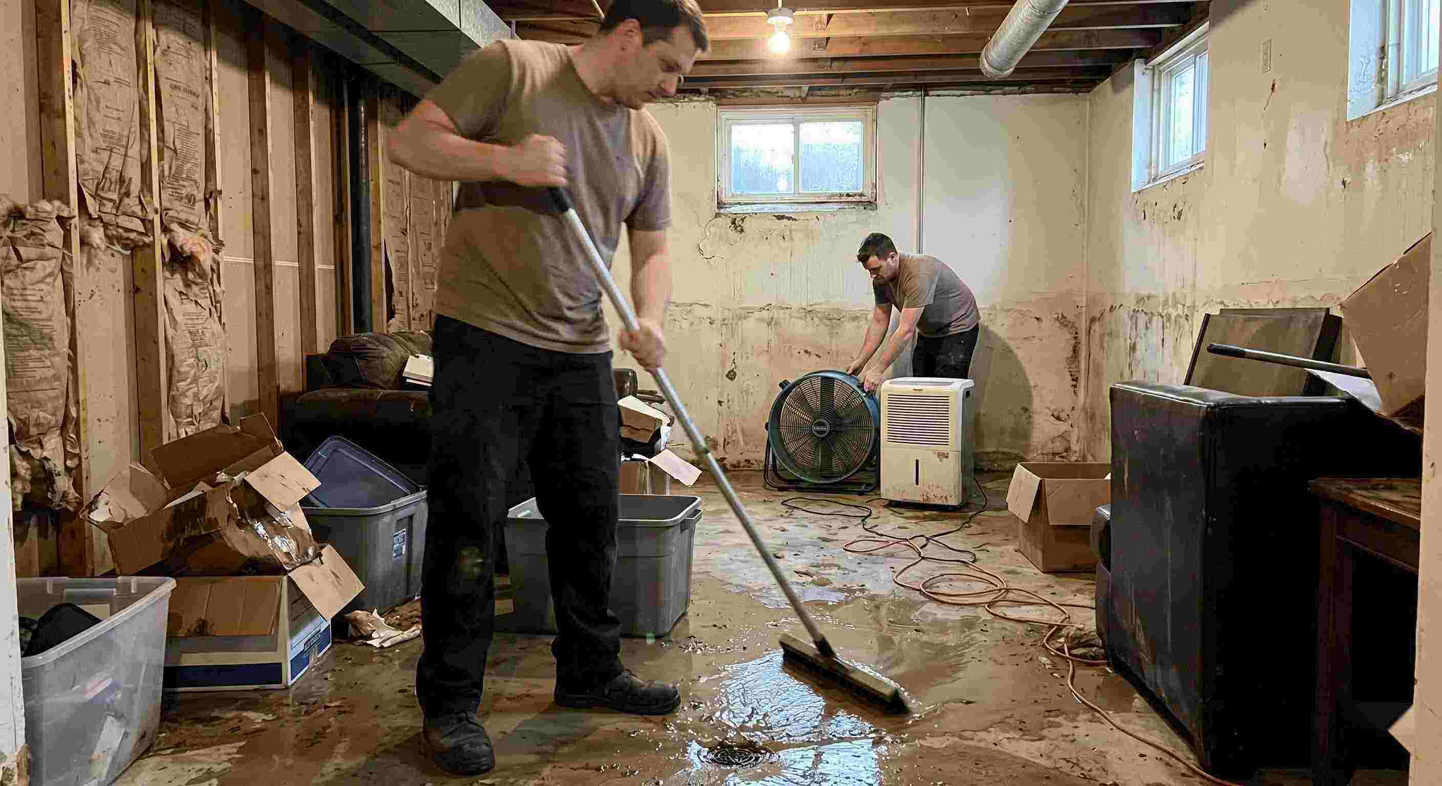 Expert flood and storm damage cleanup in a residential basement with standing water removal and drying equipment in Dundalk