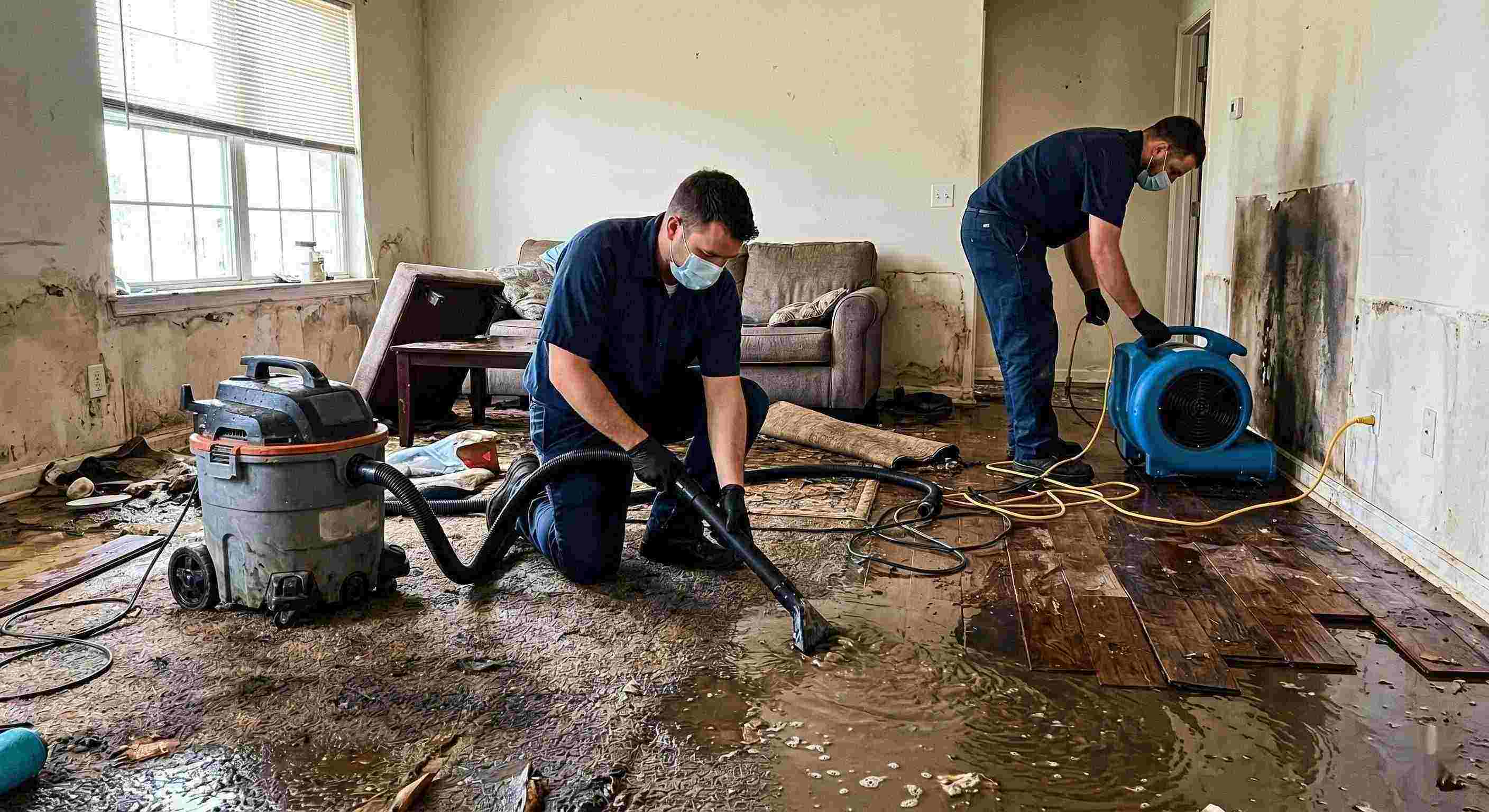 Flood water removal service in a residential home showing technicians extracting standing water and setting up drying equipment in Baltimore