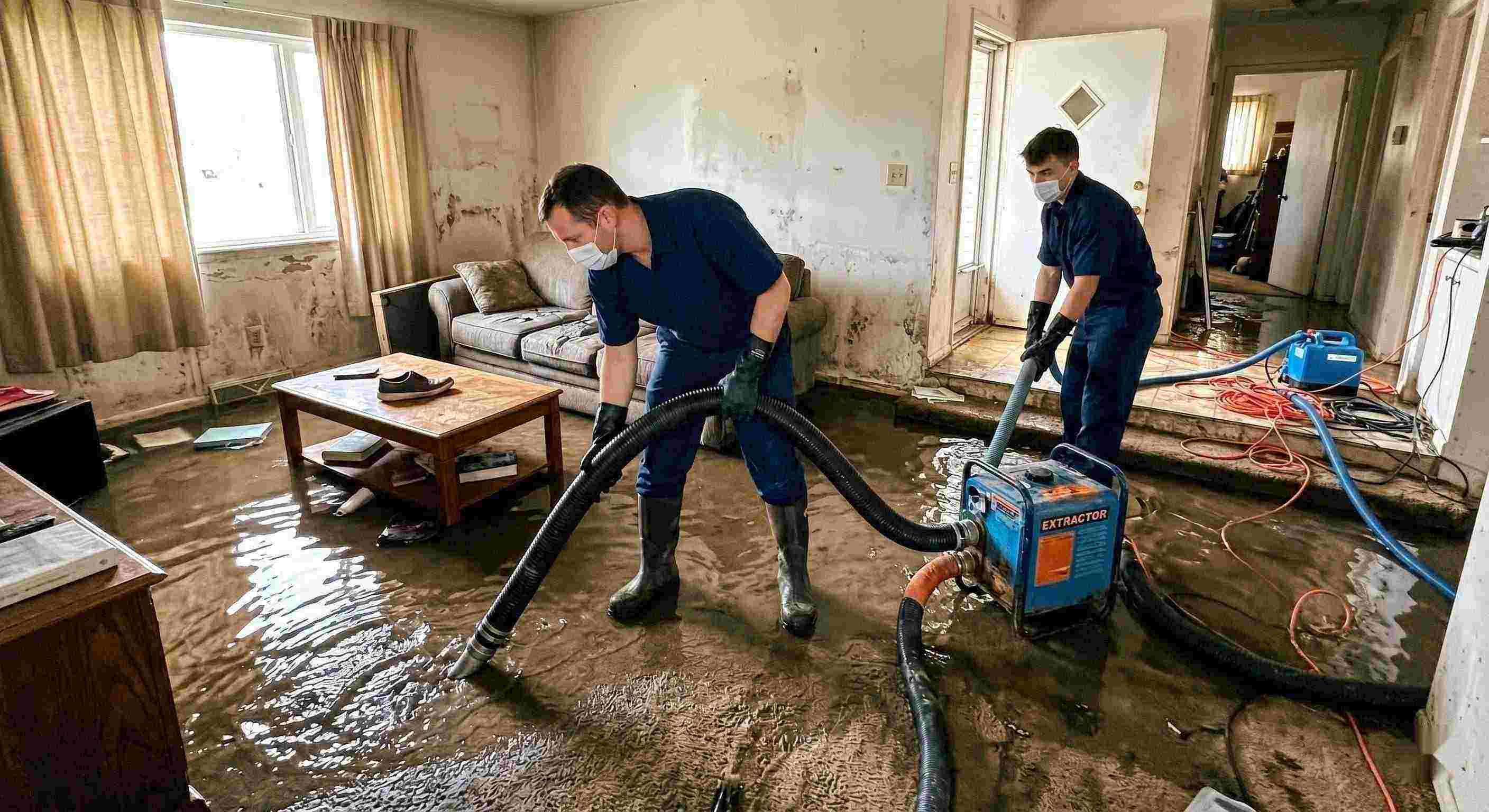 Realistic flood water removal inside a home with technicians using pumps and hoses to extract standing water during flood damage restoration in Baltimore.