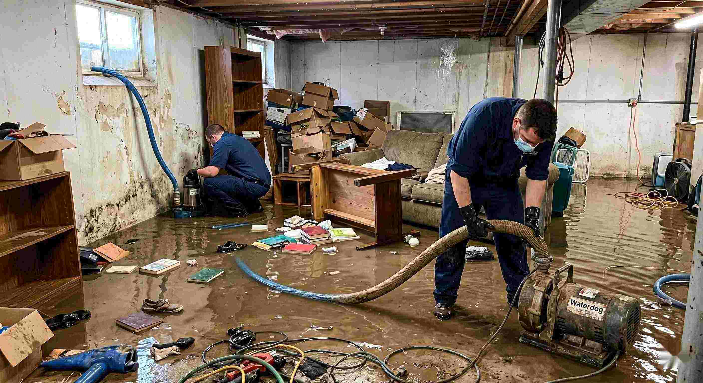 Realistic photo of a flooded basement cleanup with restoration technicians removing standing water in a home in Baltimore