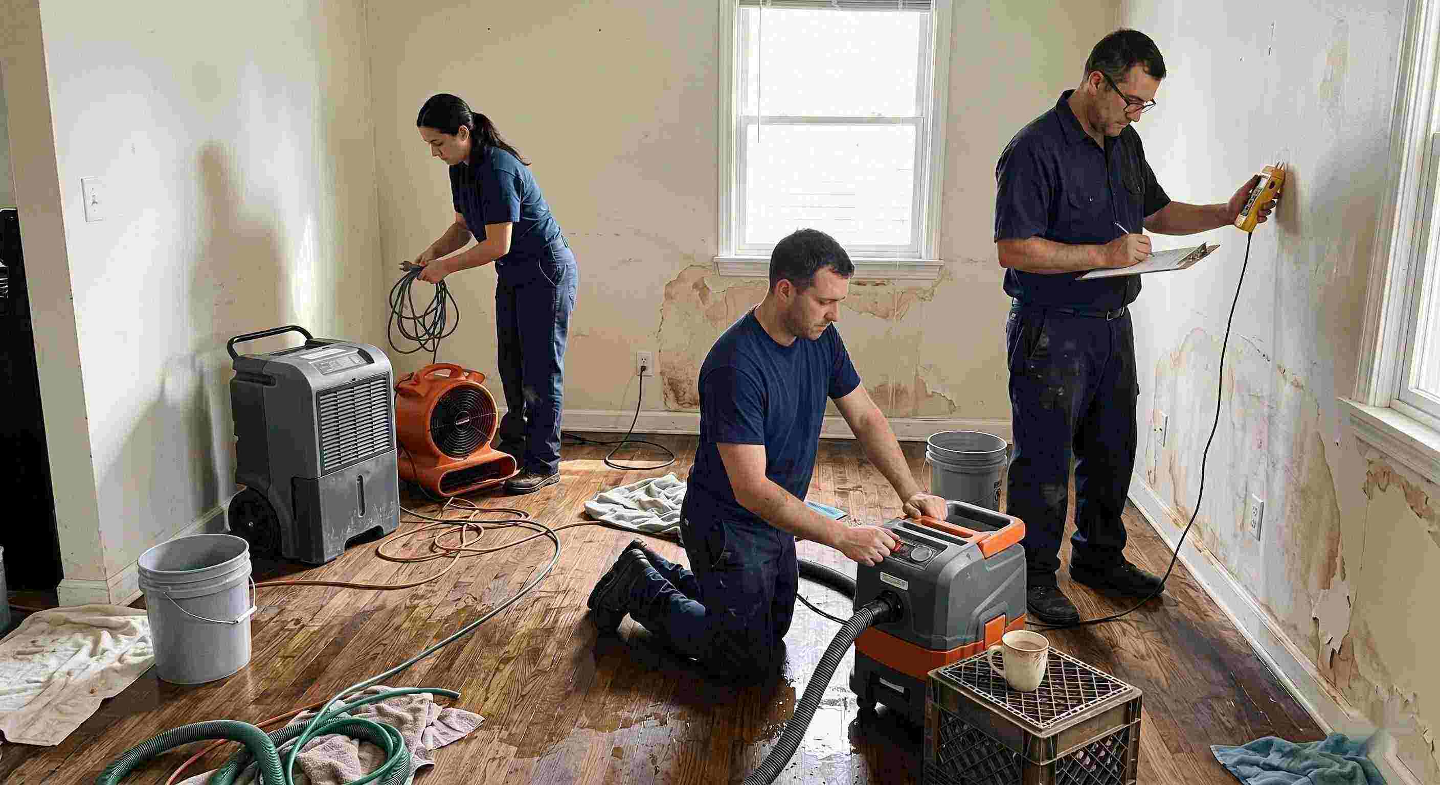 Local leak damage restoration team working with professional equipment to repair water-damaged home in Baltimore.