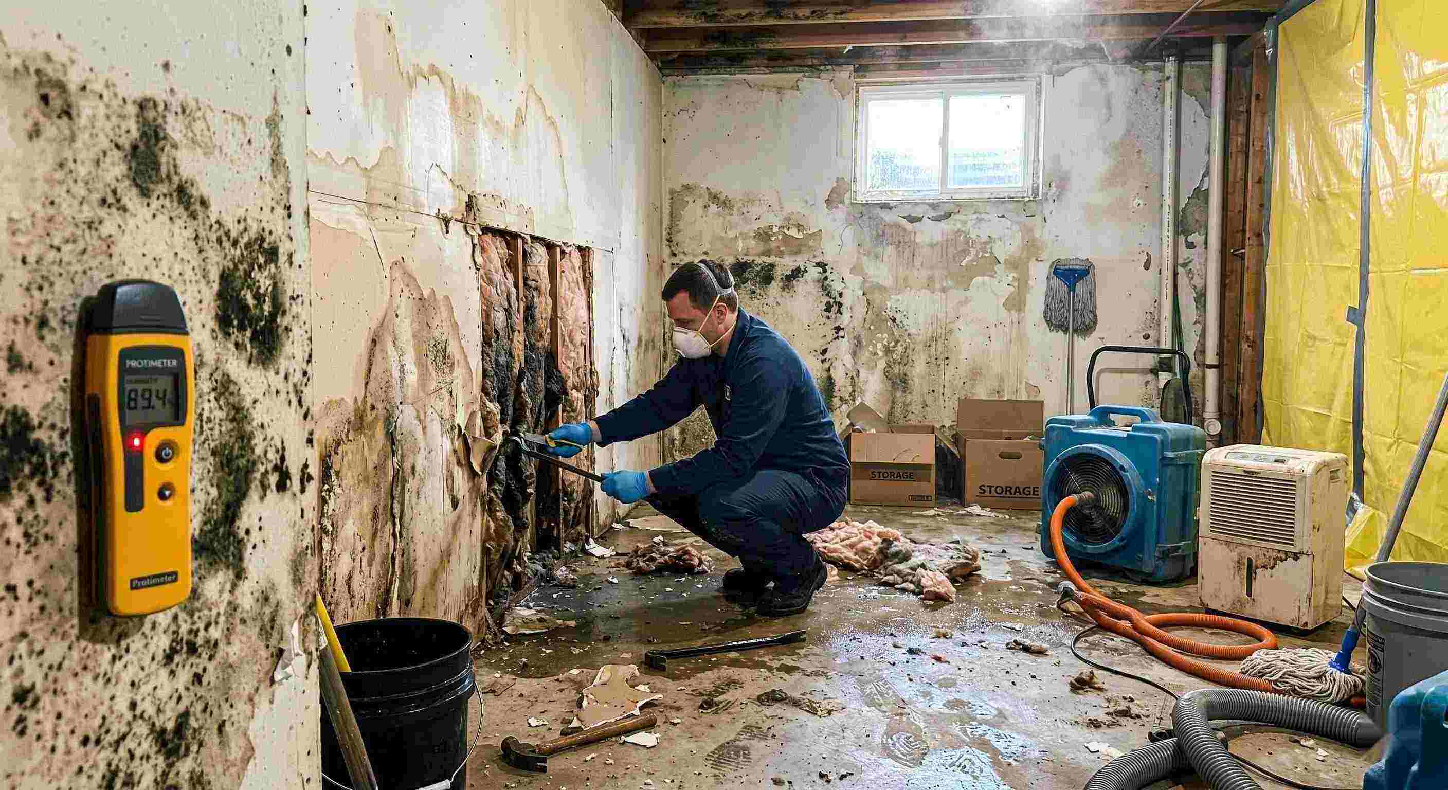 Professional mold after water damage cleanup in a residential home, showing a technician removing water-damaged drywall and treating mold in a damp basement in Columbia.