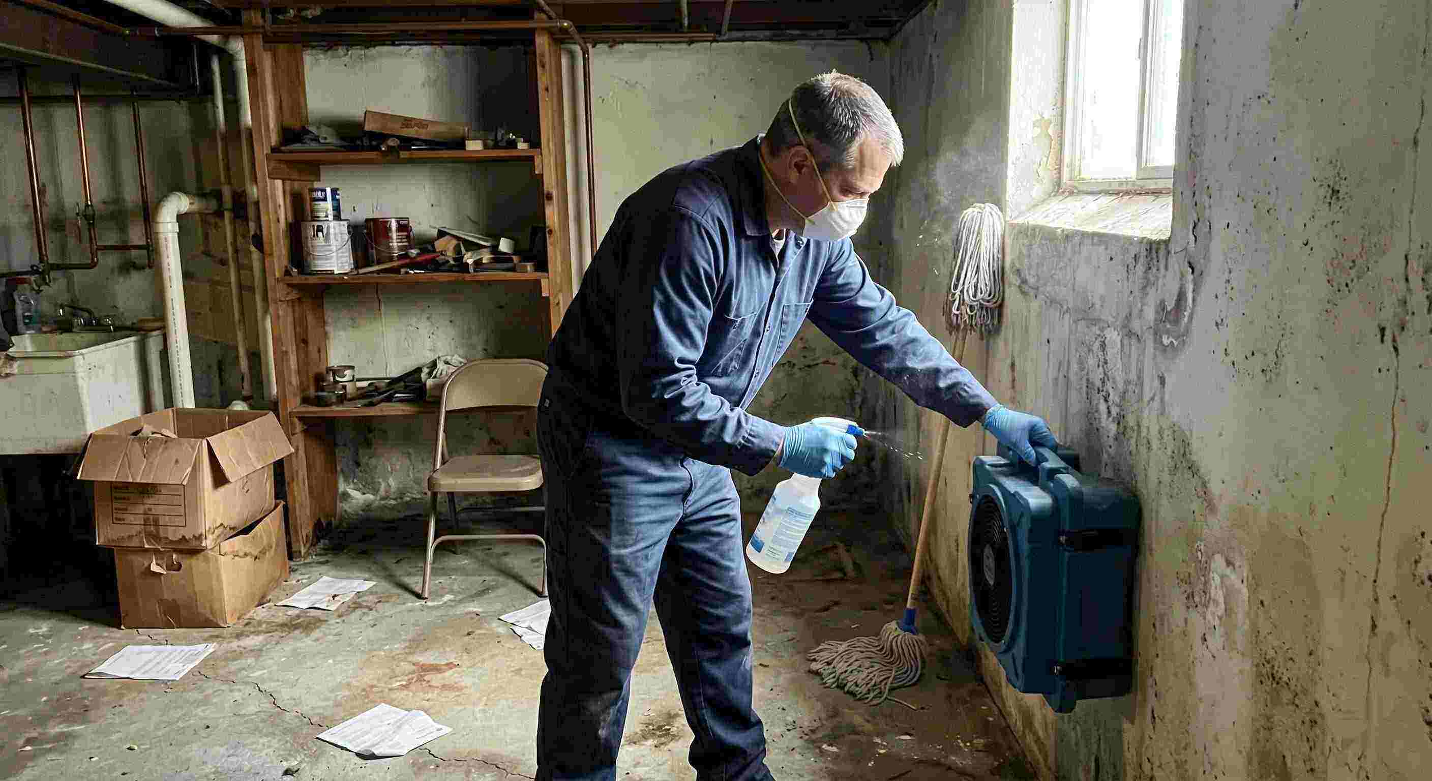 Professional technician performing mold odor removal in a basement, using HEPA air scrubber and antimicrobial spray, preventing mold growth in a Columbia home.
