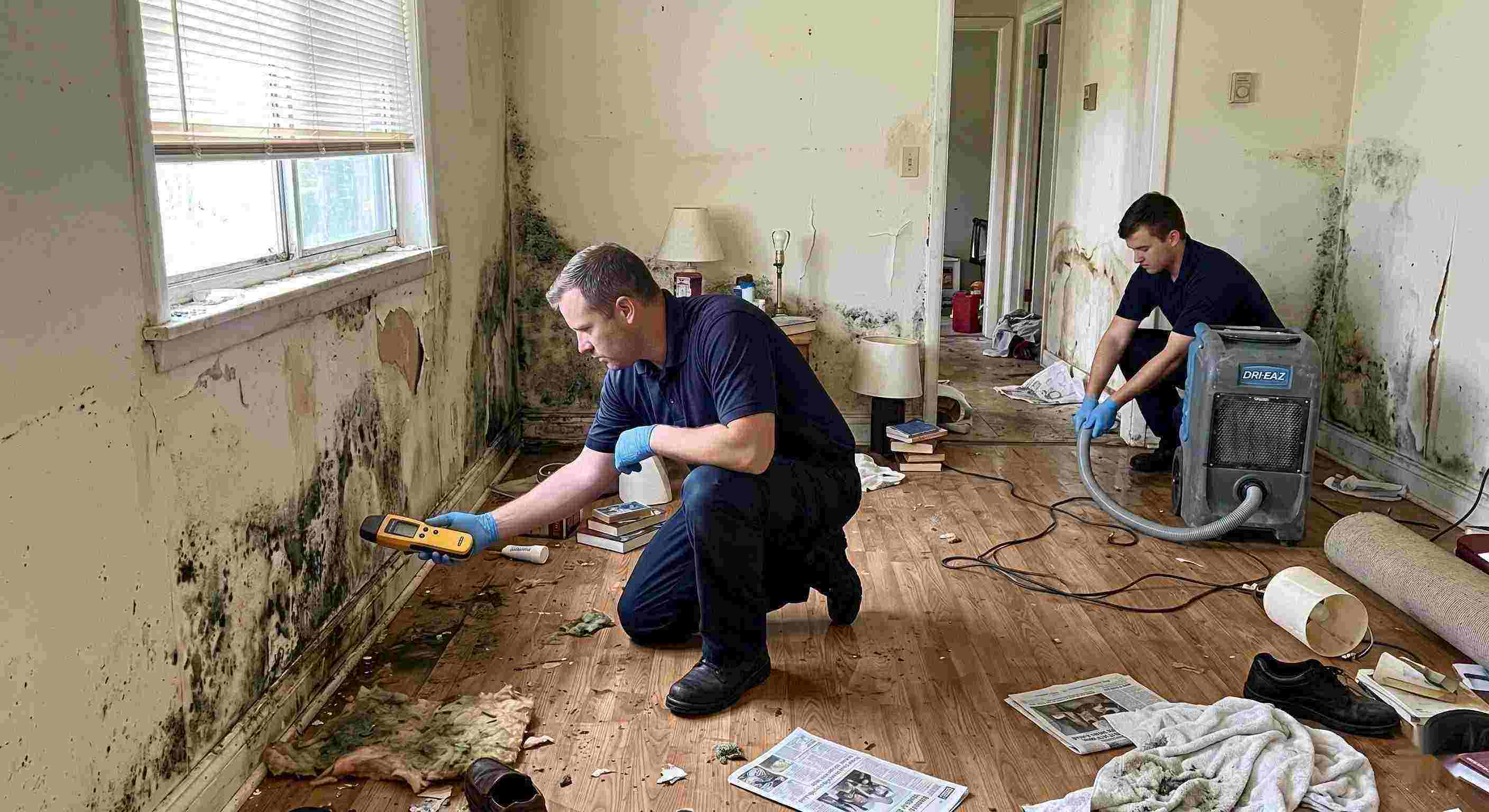 Expert realistic photo showing mold damage and water-affected walls in a home during mold remediation in Columbia, with technicians inspecting and controlling moisture.