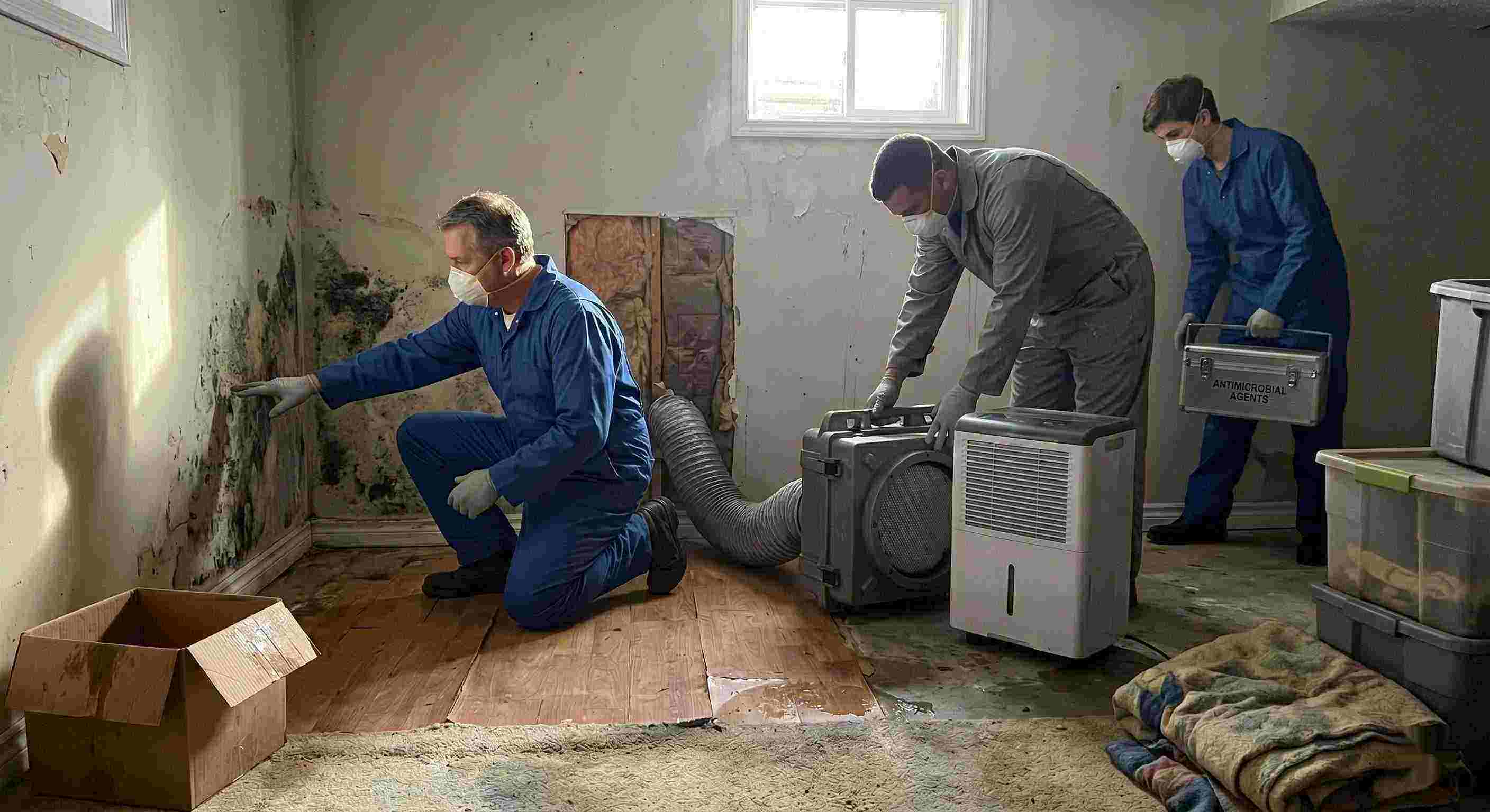 Top-rated residential mold remediation team performing inspection and cleanup with dehumidifiers and HEPA filters, showing professional team and equipment in a Columbia home.
