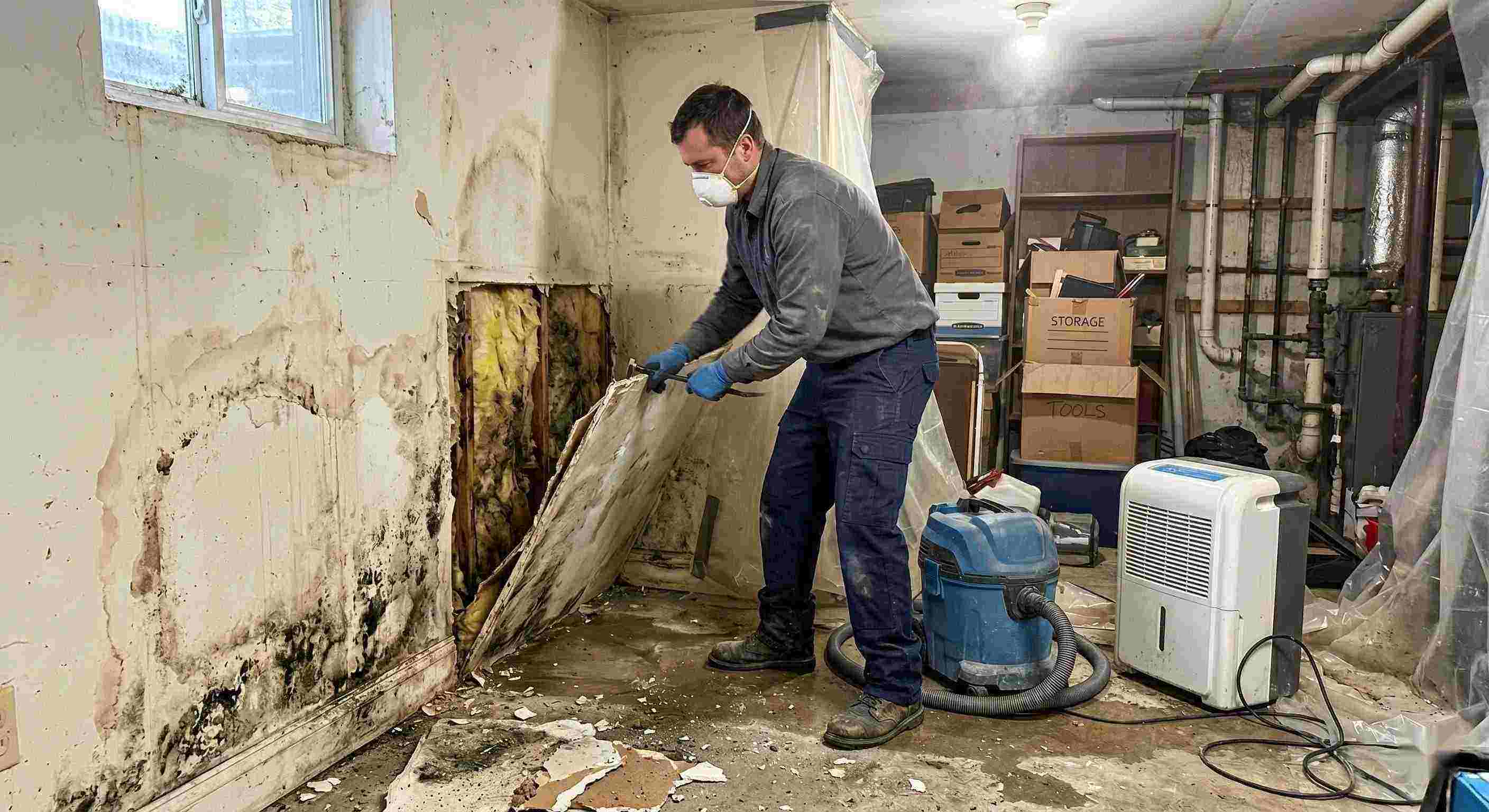 Fast action shot of a mold remediation technician removing damaged drywall and treating mold in a home basement in Columbia, showing realistic textures, dust, and water damage.