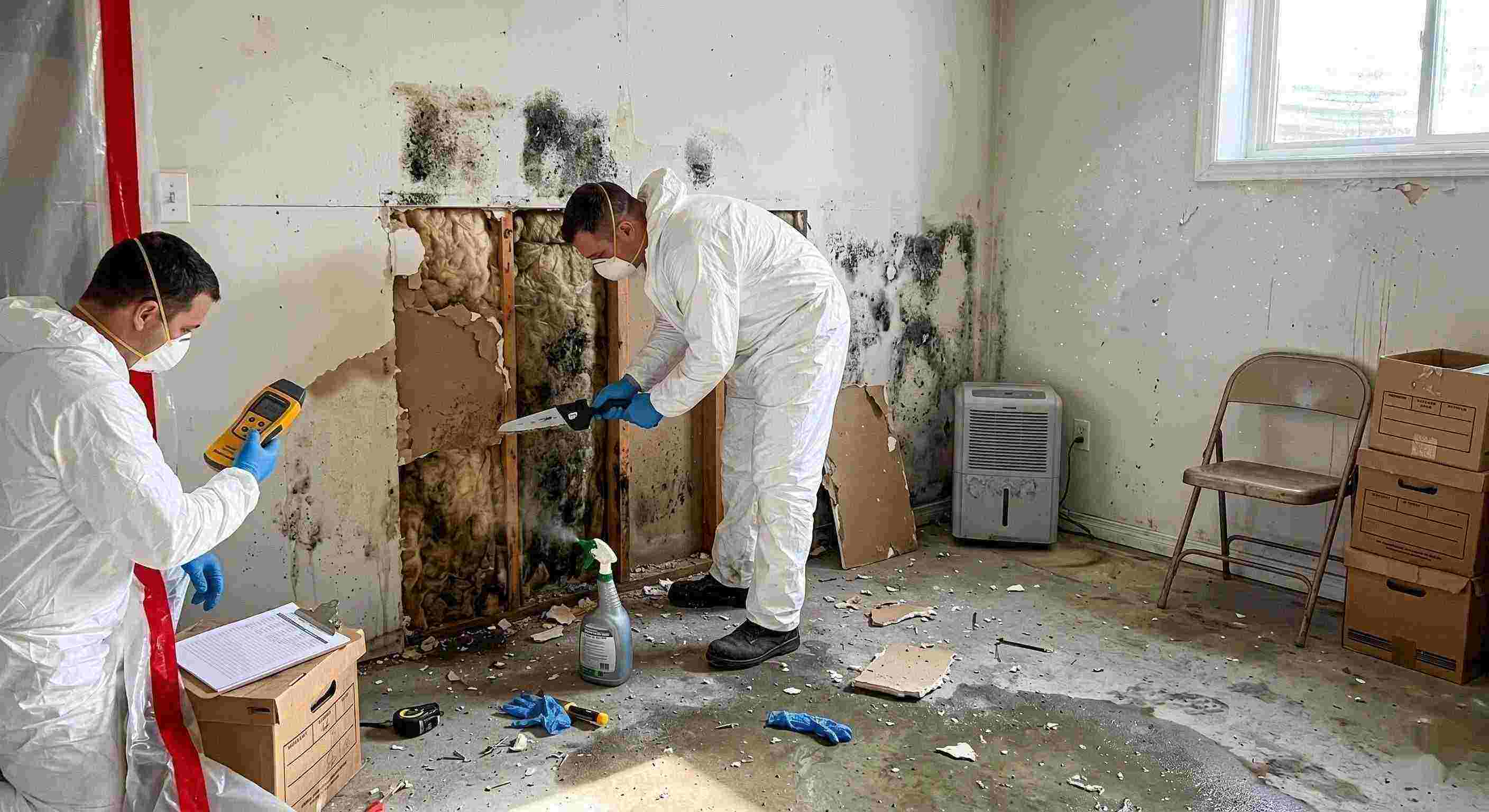 Professional mold removal service in a residential home, showing technicians removing black mold and moisture-damaged drywall in Columbia.