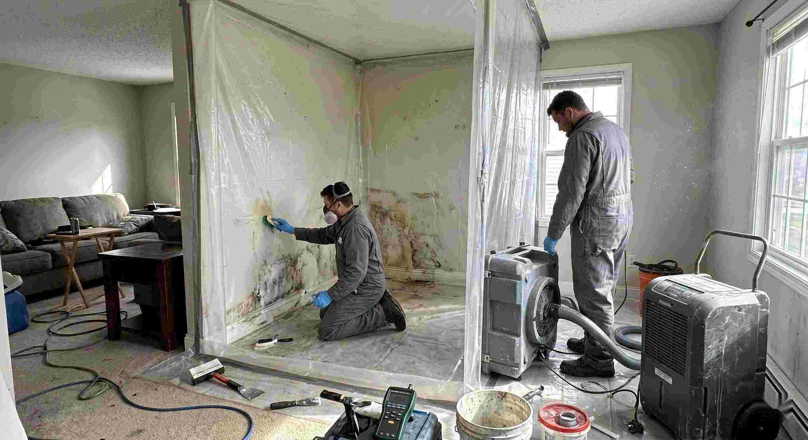 Local technicians performing indoor mold removal in a residential home in Columbia, isolating damp areas and using HEPA air scrubbers and dehumidifiers.