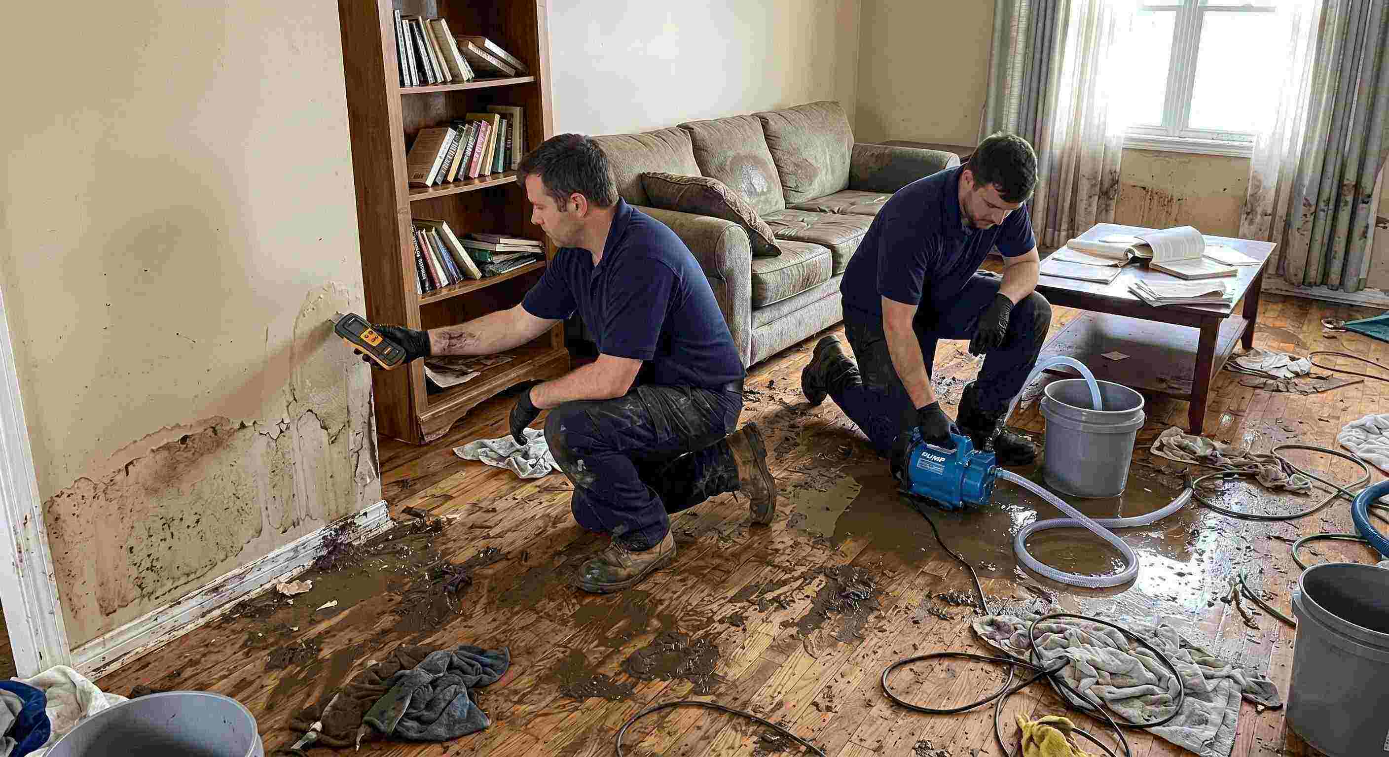 Realistic photo of a technician performing mud and debris removal after flooding in a home in Baltimore, showing soaked floors, water-damaged furniture, and scattered cleaning equipment.