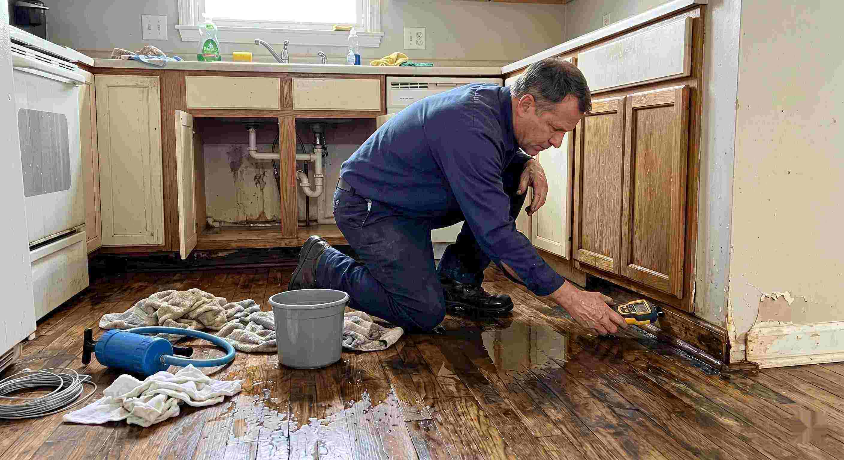 Technician performing pipe leak cleanup in a residential home in Baltimore, inspecting water-damaged flooring and cabinets.