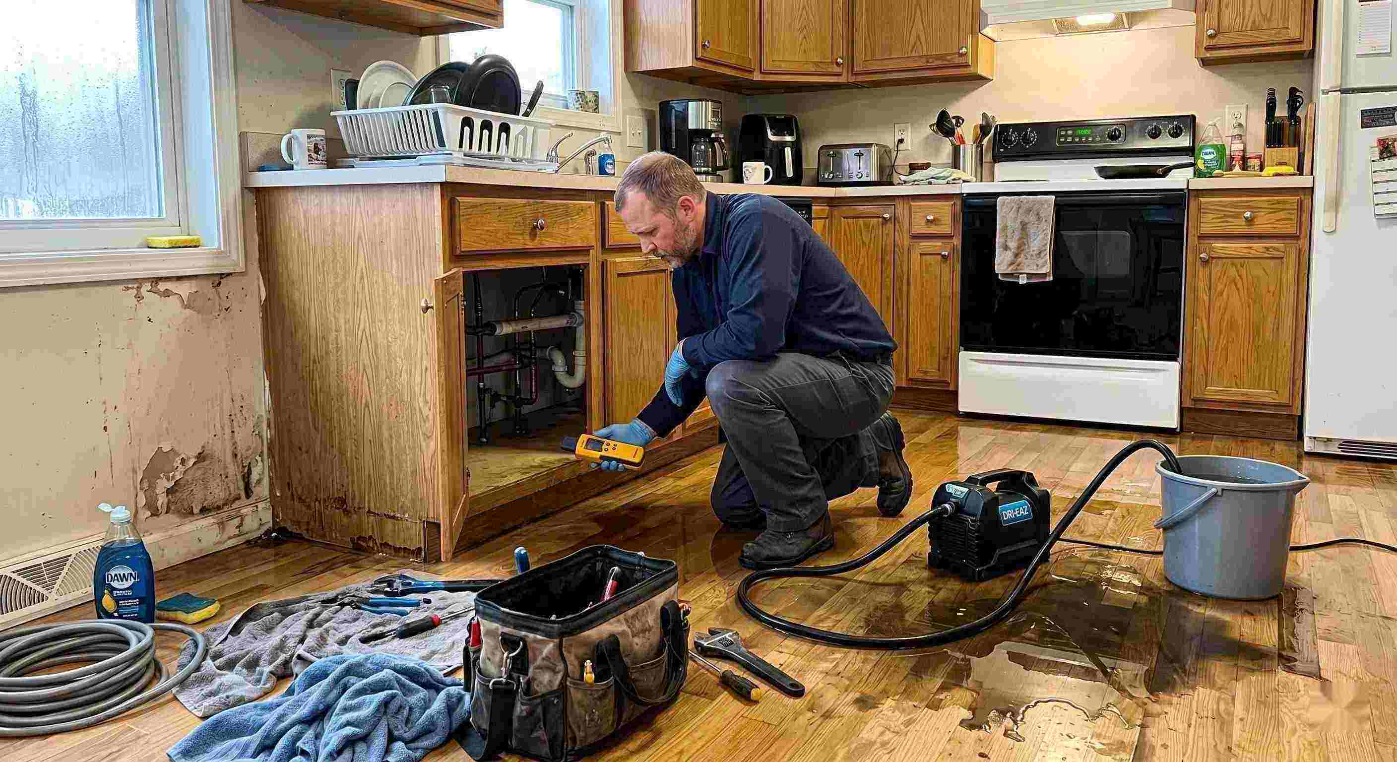 Pipe leak cleanup service in a residential kitchen showing water damage and a technician actively restoring the area in Baltimore.