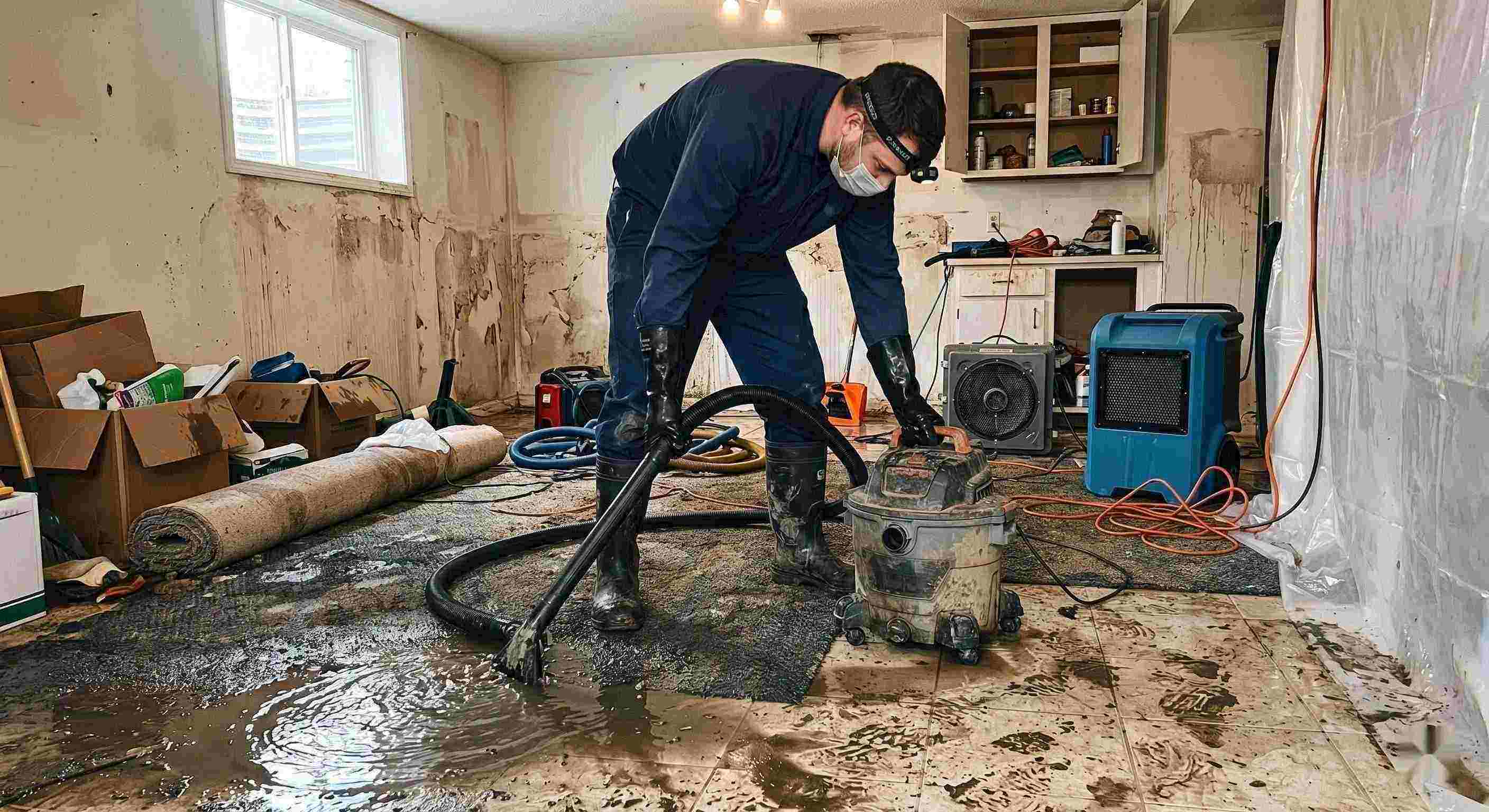 Action shot of a technician performing sewage backup cleanup in a residential home, showing water extraction and sanitation processes in Baltimore.