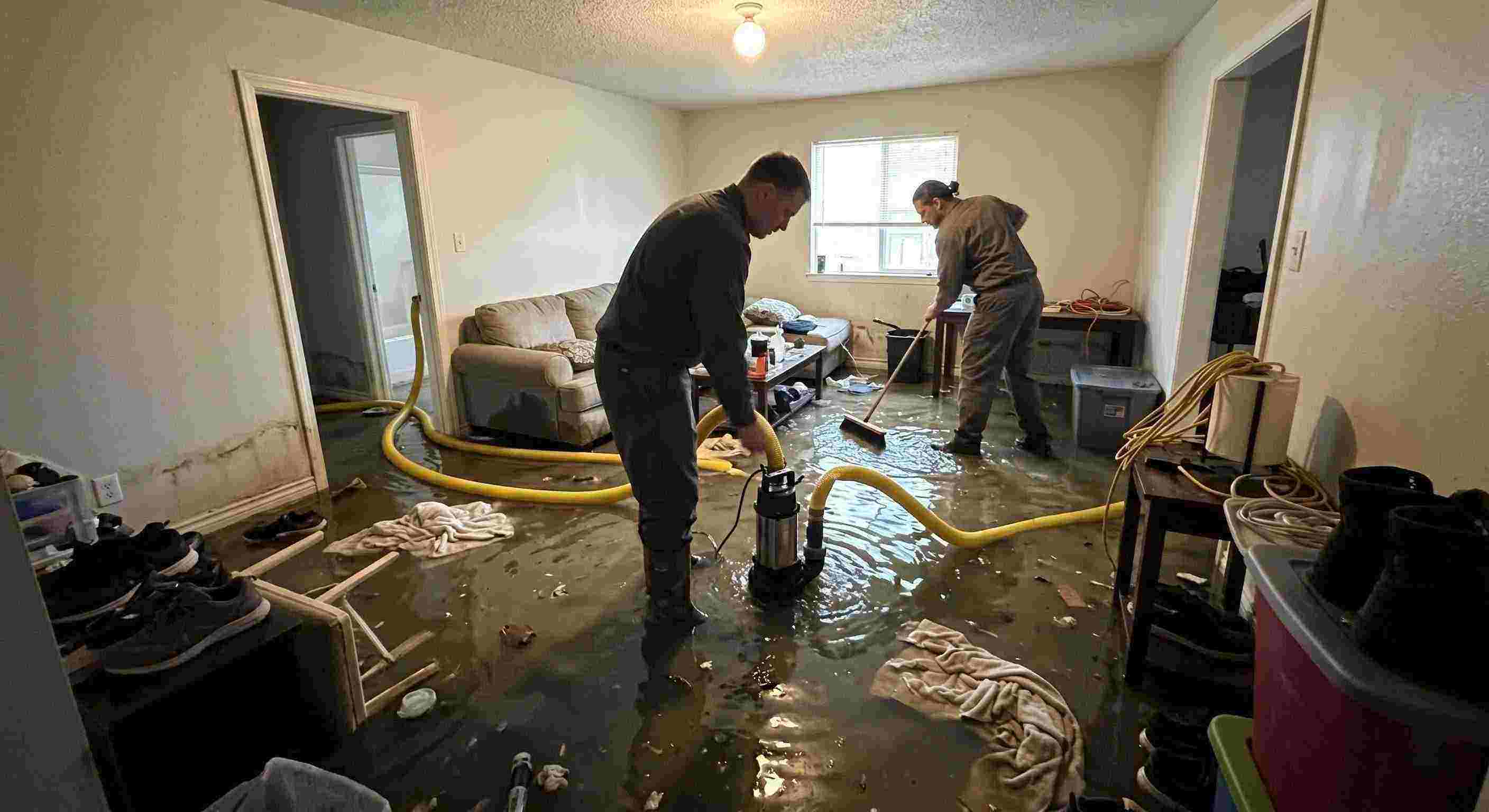 High volume residential pump-out services removing flood water with submersible pumps in Baltimore