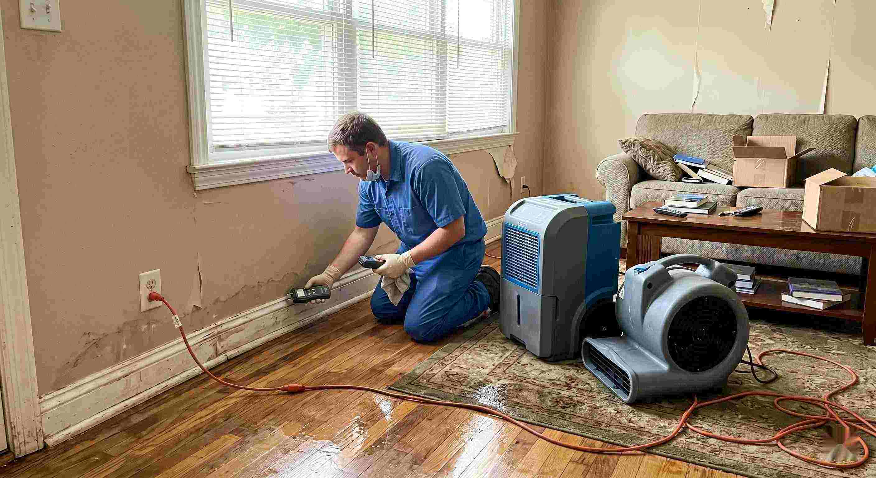 Technician performing rainwater intrusion cleanup in a flooded home in Baltimore, showing wet floors, damp walls, and dehumidifiers in use.