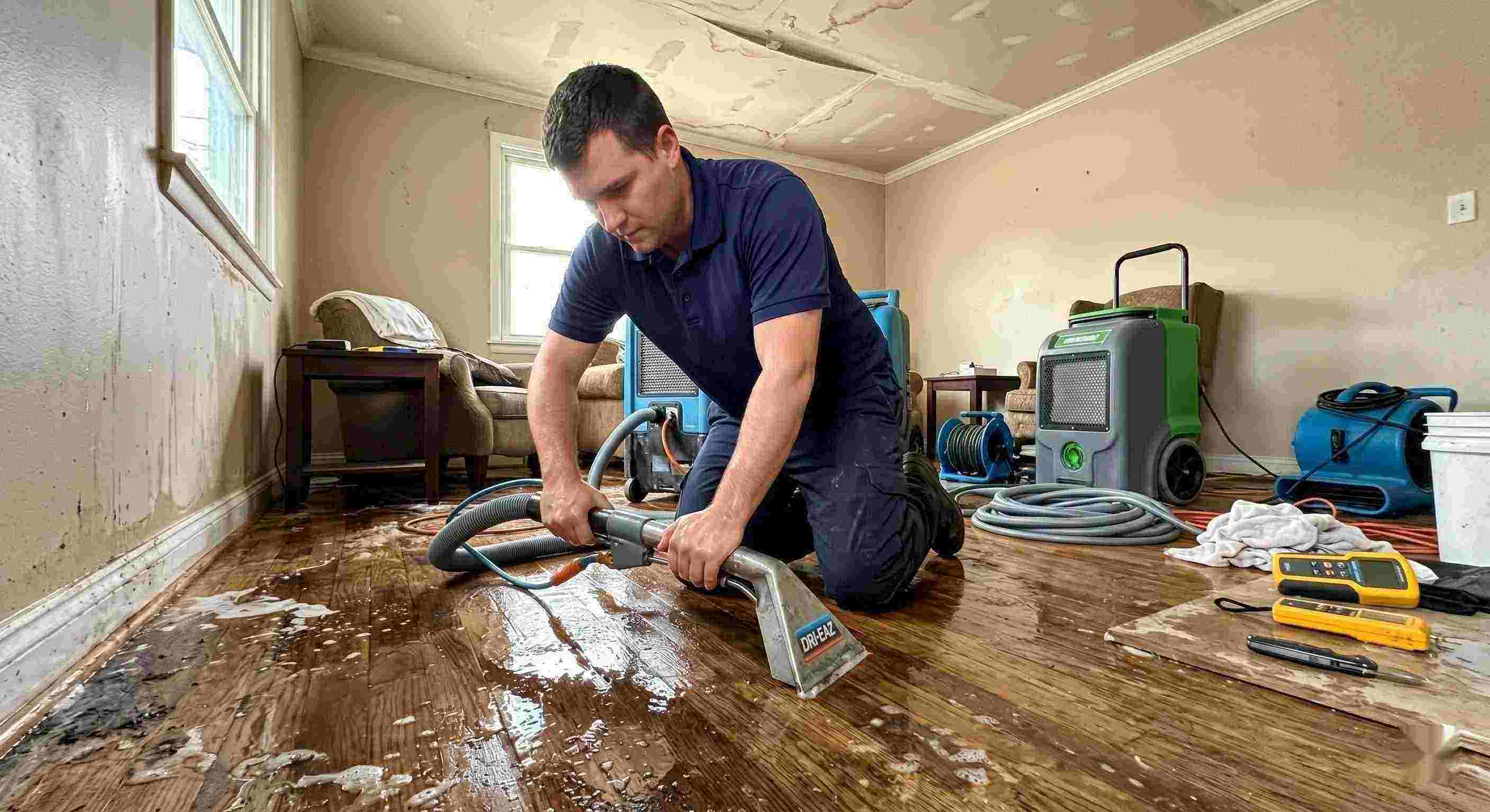 Action shot of a leak damage restoration technician performing water extraction and drying in a home in Baltimore, showing realistic water damage and cleanup process.