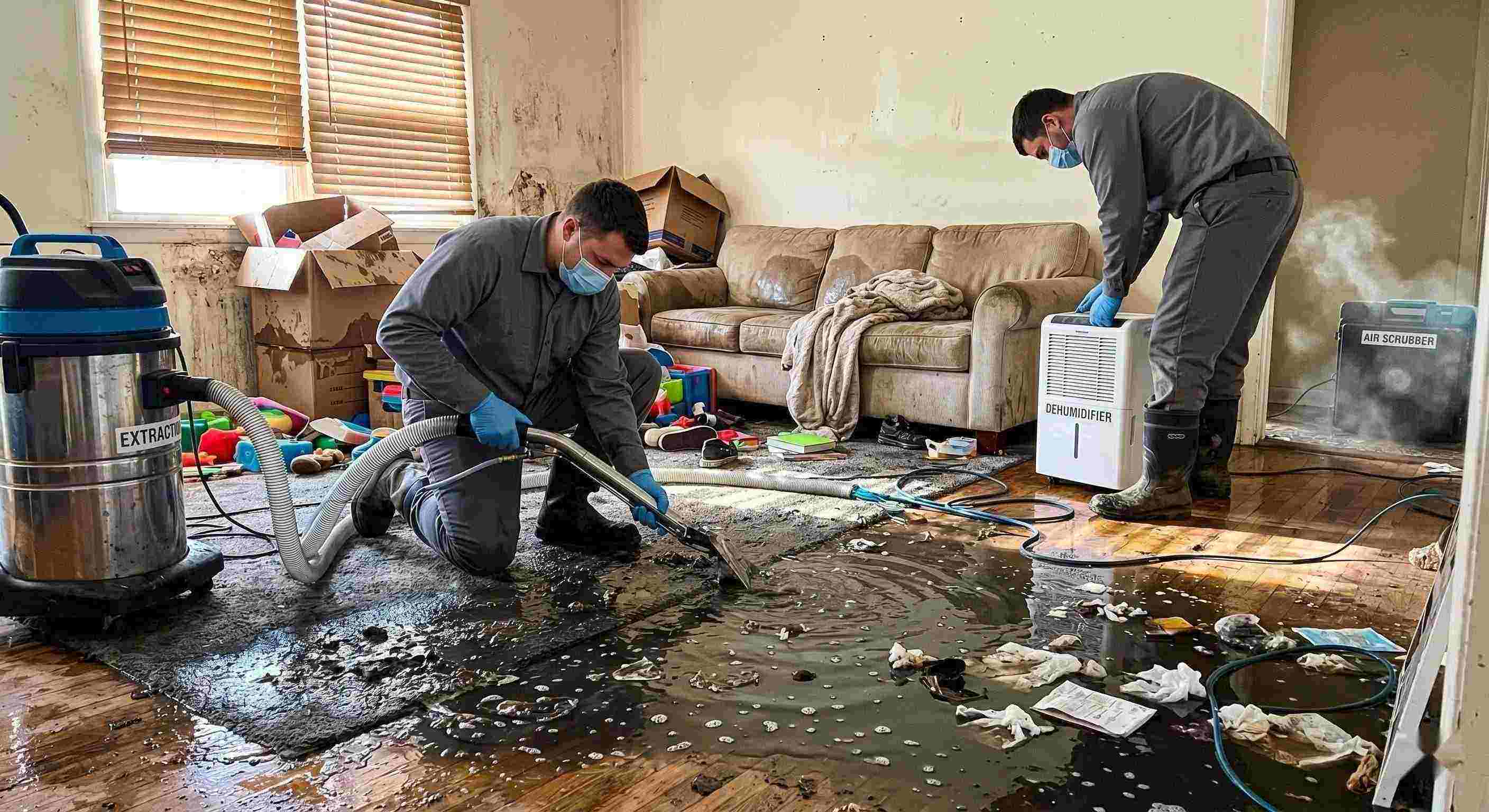 Realistic image of a residential sewage backup cleanup in progress, with technicians removing contaminated water and using drying equipment in a home in Baltimore.