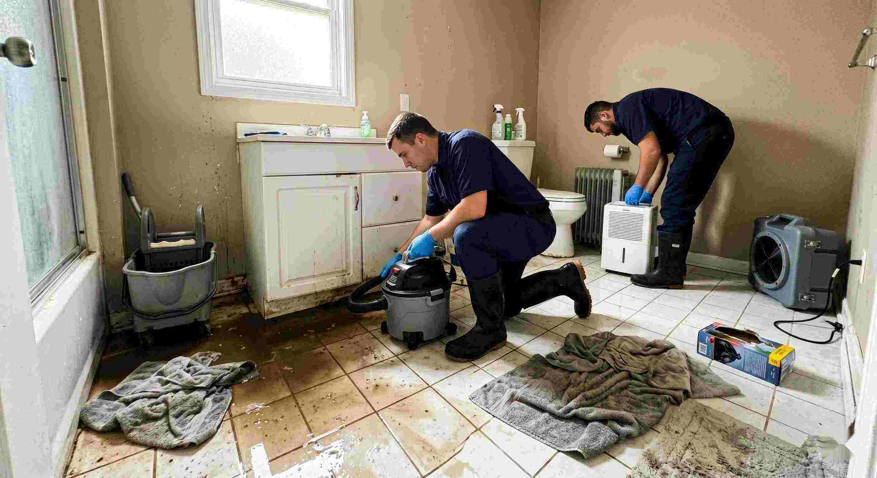 Realistic sewage backup cleanup in a home bathroom, technician extracting contaminated water during emergency sewage cleanup in Baltimore
