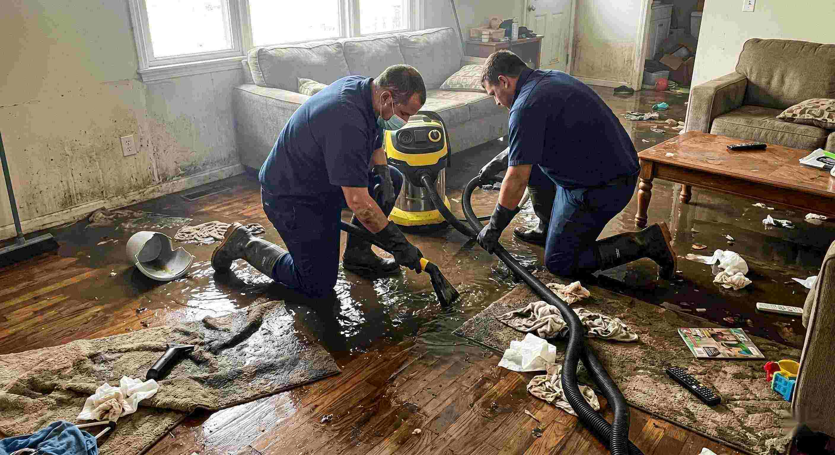 Realistic scene of sewage backup cleanup in a home showing technicians removing contaminated water in Baltimore.
