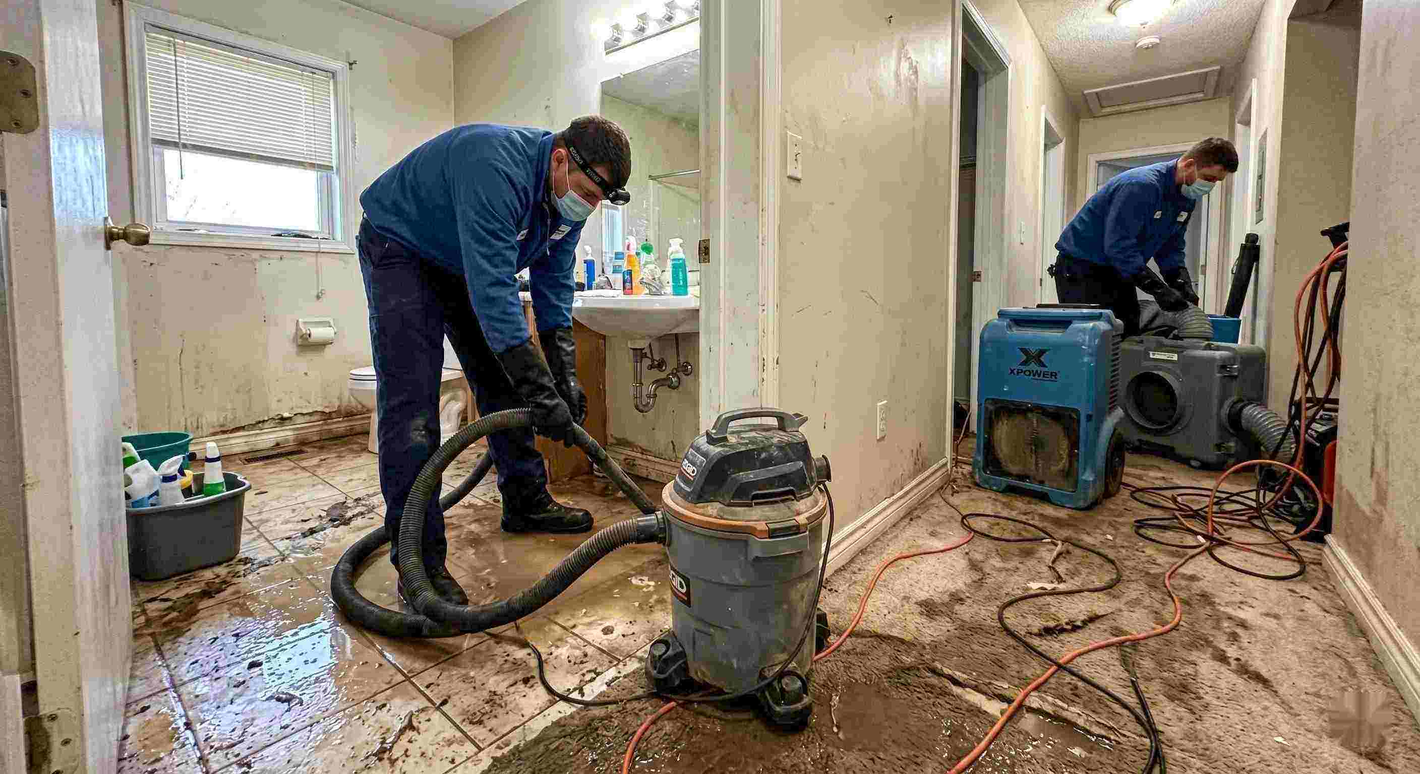Sewage backup cleanup in a home with technicians removing contaminated water and drying surfaces in Baltimore