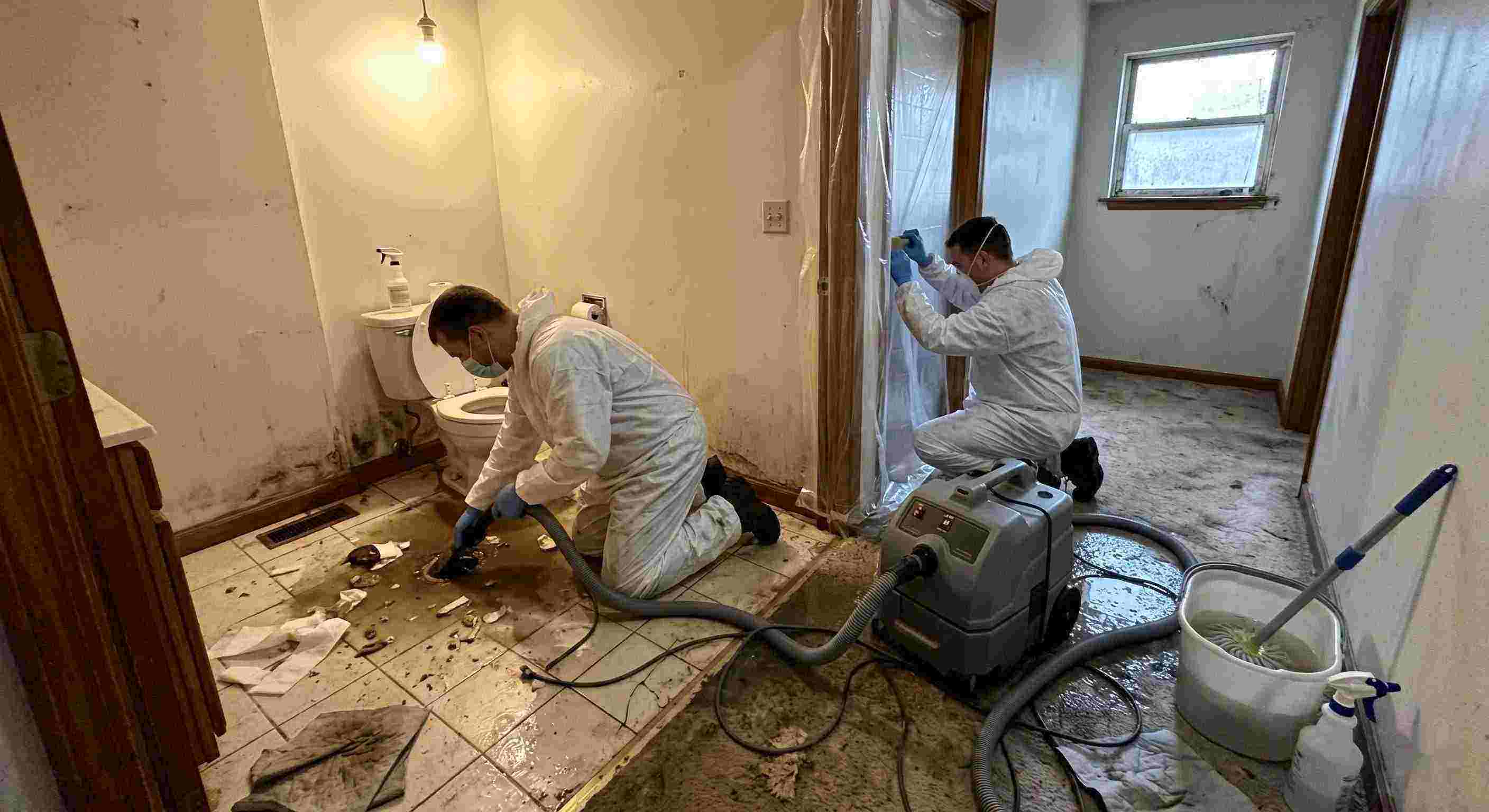Fast sewage backup cleanup technicians removing contaminated water inside home in Dundalk