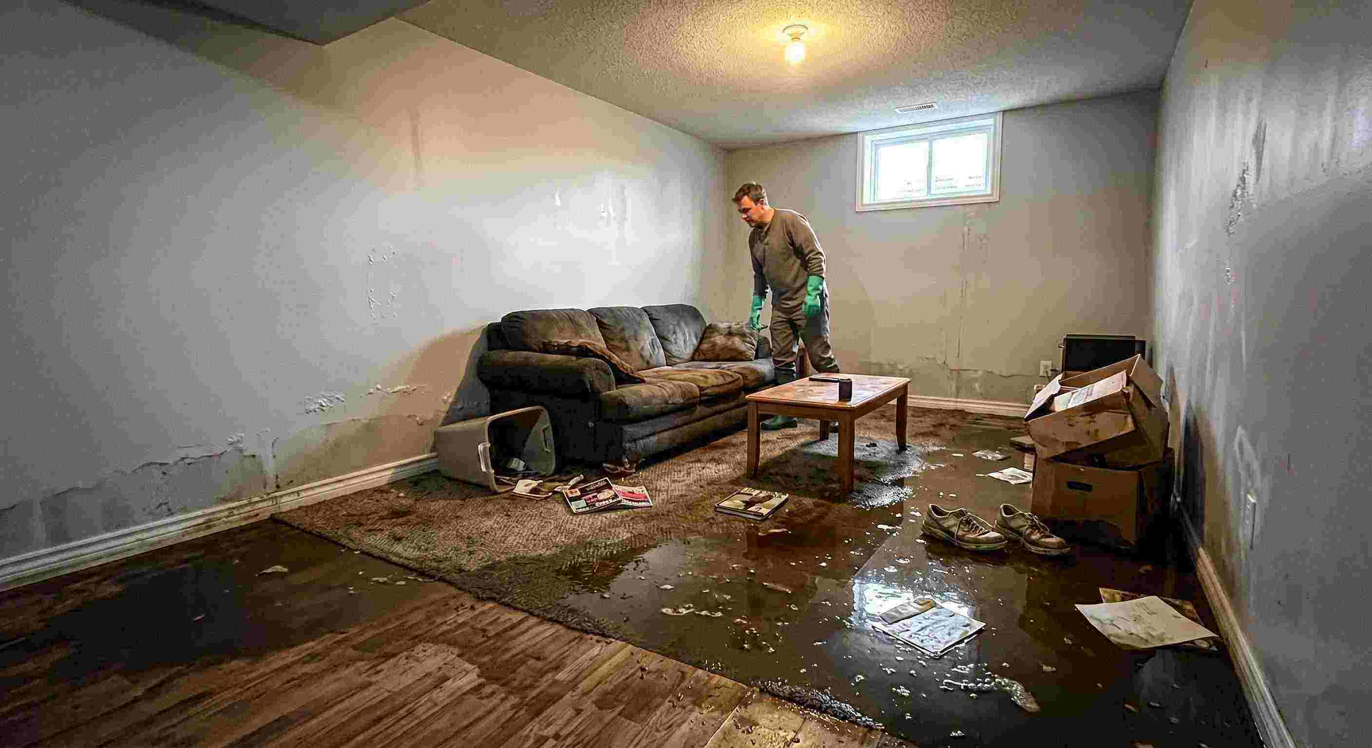 severe sewage backup damage spreading across basement floors and walls in Baltimore home