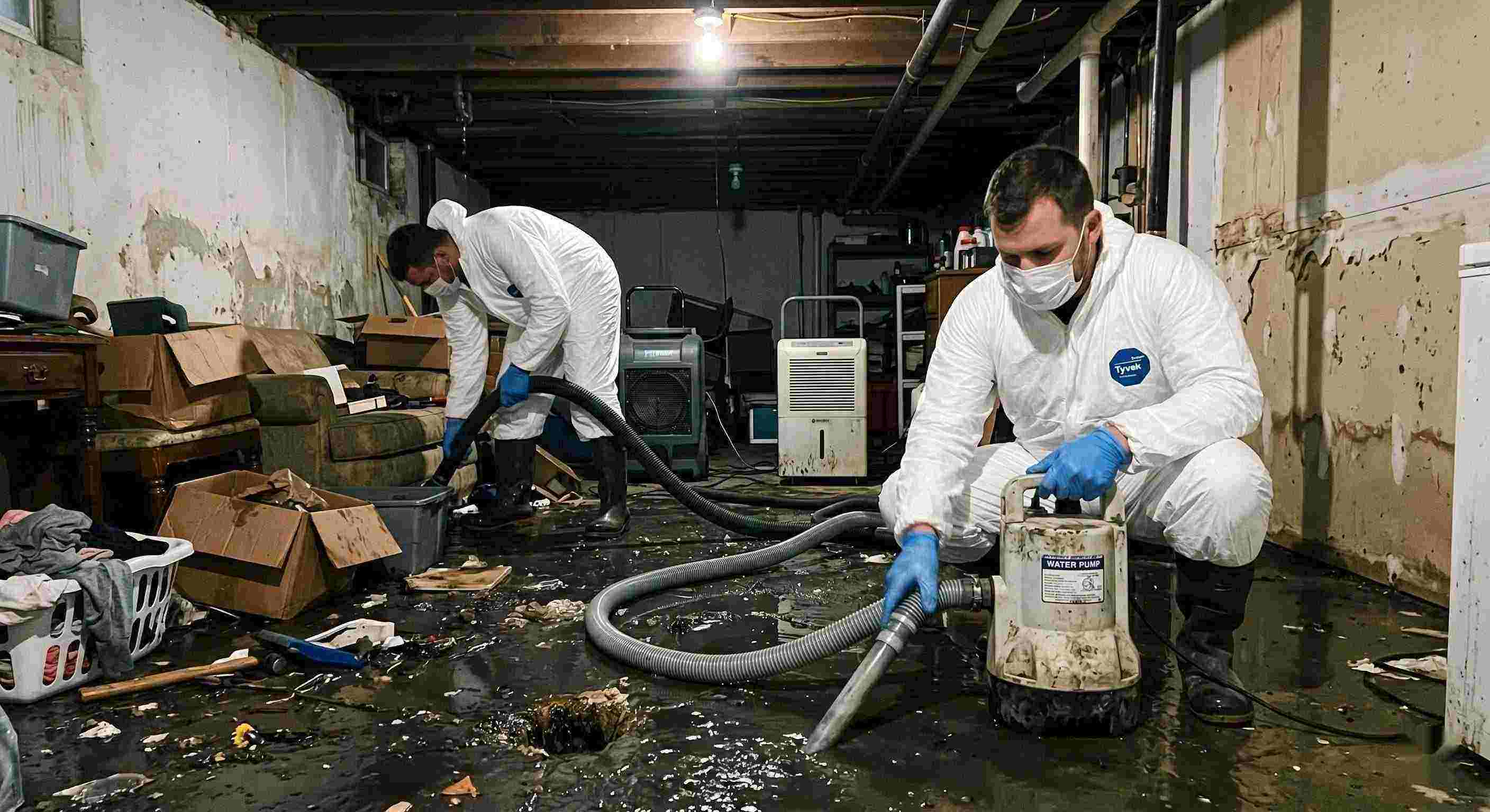 sewer backup cleanup technicians removing contaminated water from flooded basement in Baltimore