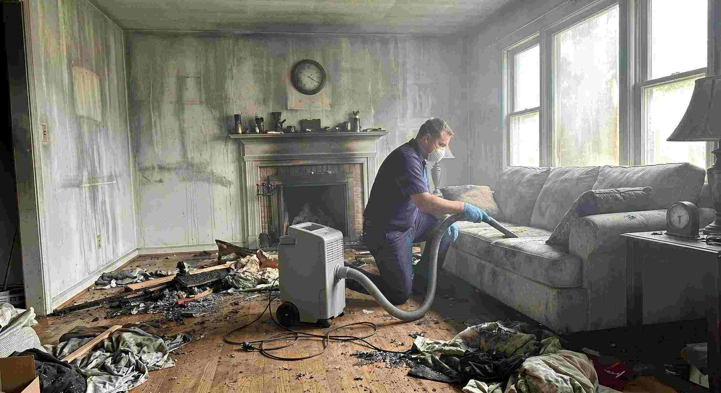Realistic post-fire smoke damage removal in a home with soot-covered walls and debris being cleaned by a technician in Baltimore.