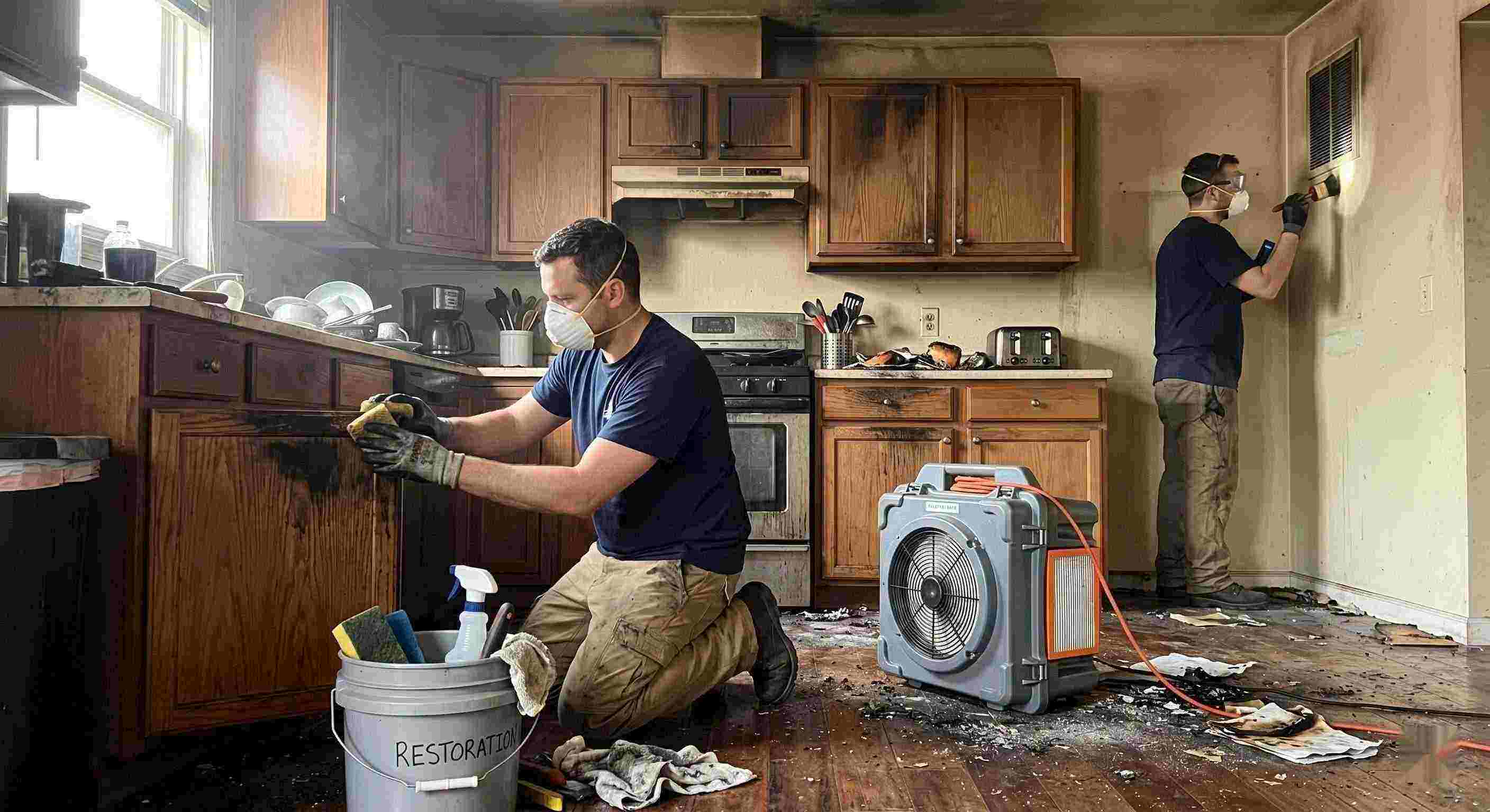 Technicians performing smoke damage removal in a home in Baltimore after a kitchen fire, cleaning soot and restoring indoor air quality.